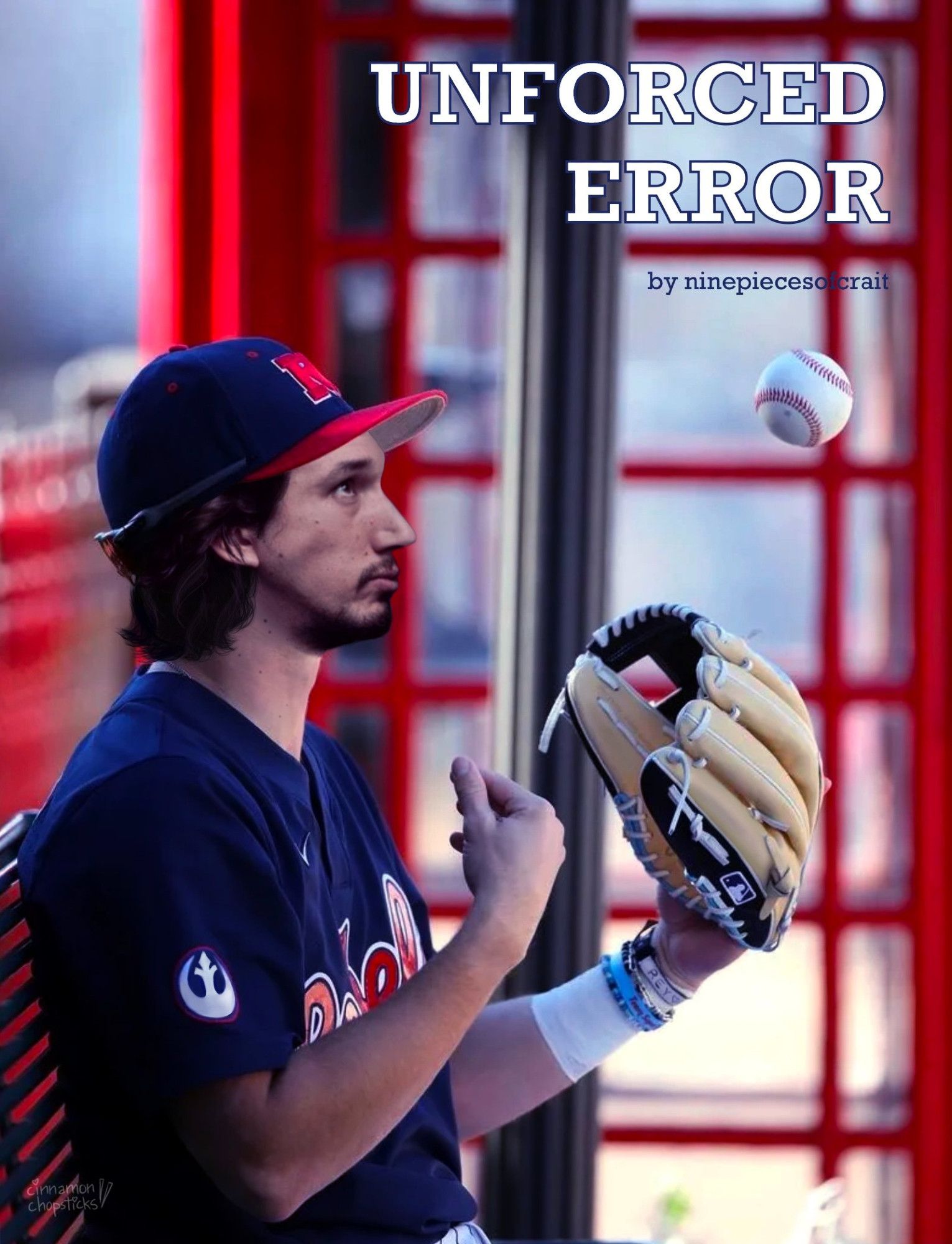 manip of adam driver dressed in a navy blue and red baseball uniform, tossing a ball in the air. he has a tan and black glove on his left hand, and some bracelets on his left wrist, including one that says "rey 💜." one the right shoulder of his uniform, the resistance symbol is visible, because cinn is a genius!!! the top right corner has text that reads "unforced error by ninepiectsofcrait." thank you cinn!!!!!