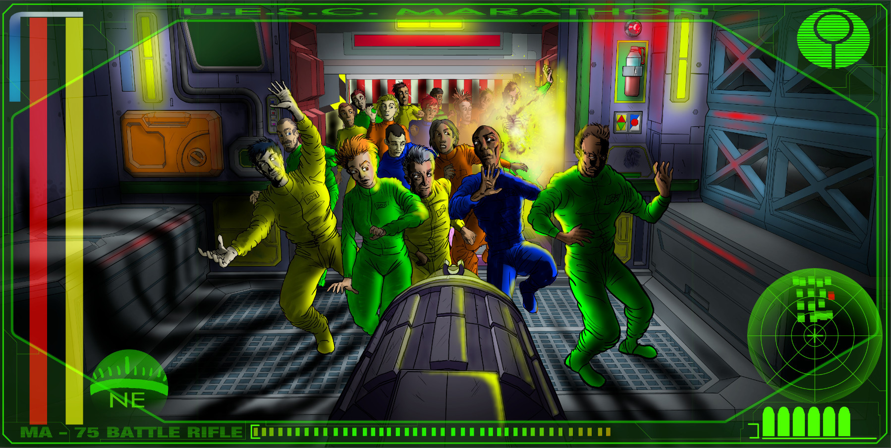 marathon fan art depicting a large group of bobs exiting an elevator on a spaceship and surging towards the player in first person view, battle rifle in hand.
One of the bobs is exploding. Minimalized helmet UI in periphery.