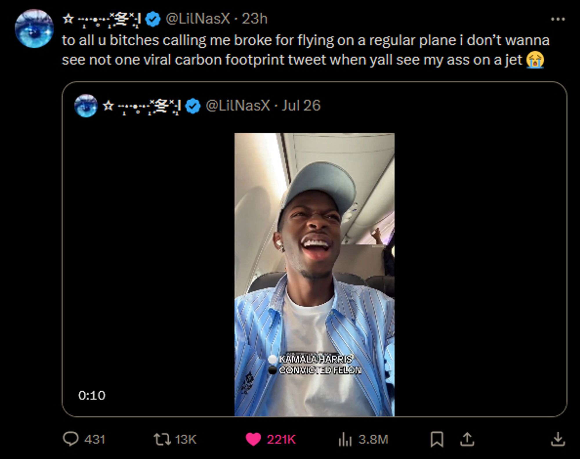 tweet from lil nas x saying he flies on a normal plane so he doesn't show up on the carbon footprint twitter account