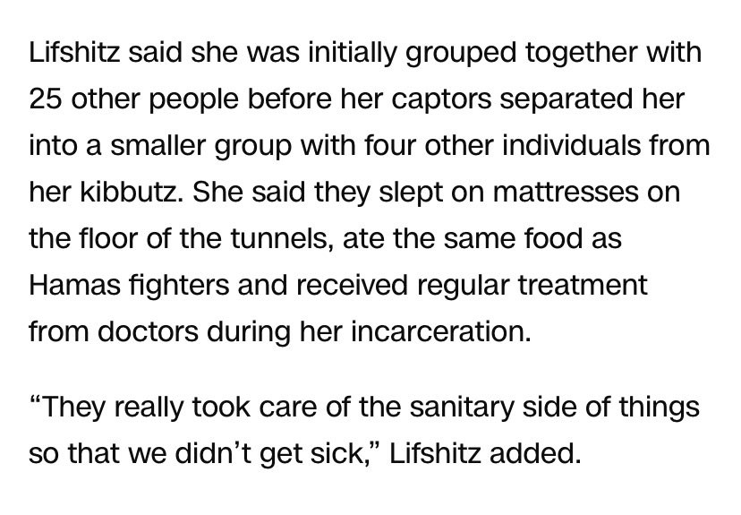 the text of the article where the hostage gives quotes about how comfortable she was and how good the medical care was and how she ate the same food as the hamas fighters