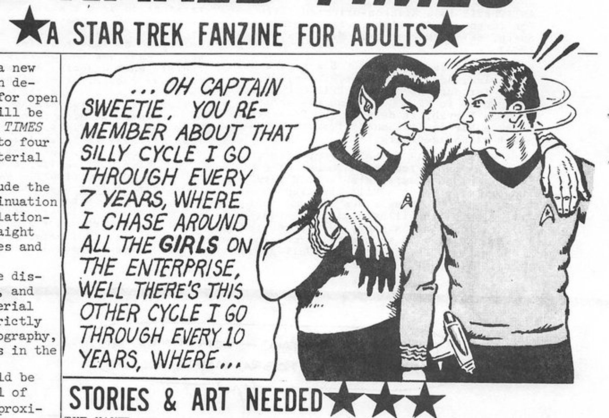 screengrab from an old star trek slash zine where spock is telling kirk about gay pon far