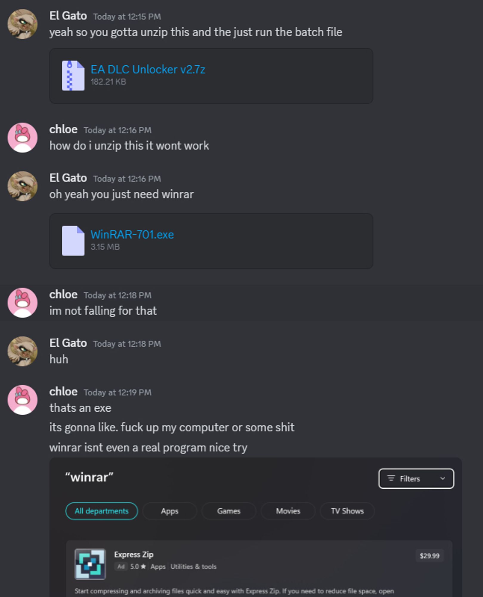 a discord conversation where someone doesnt know what an exe file is