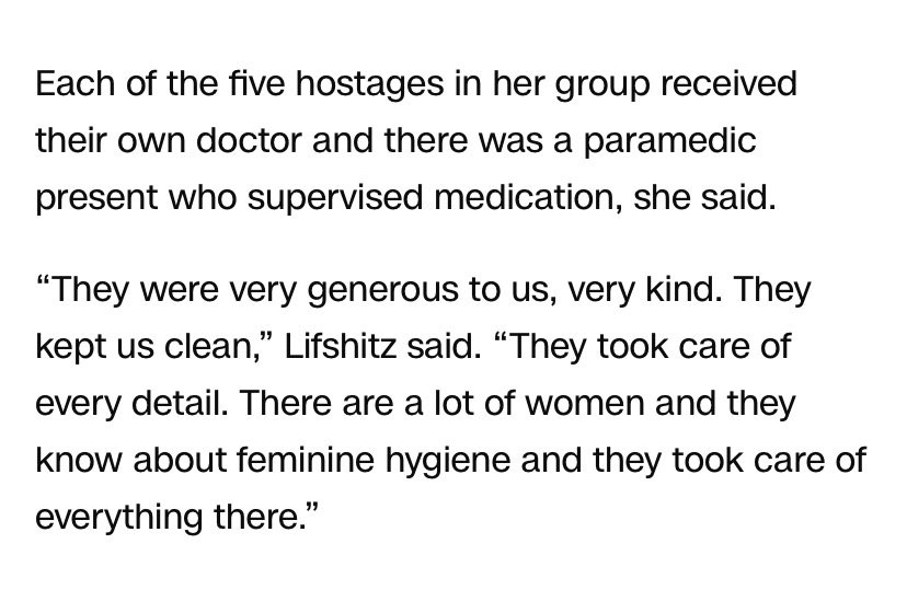 the text of the article where the hostage gives quotes about how kind the hamas fighters were and how good her care was