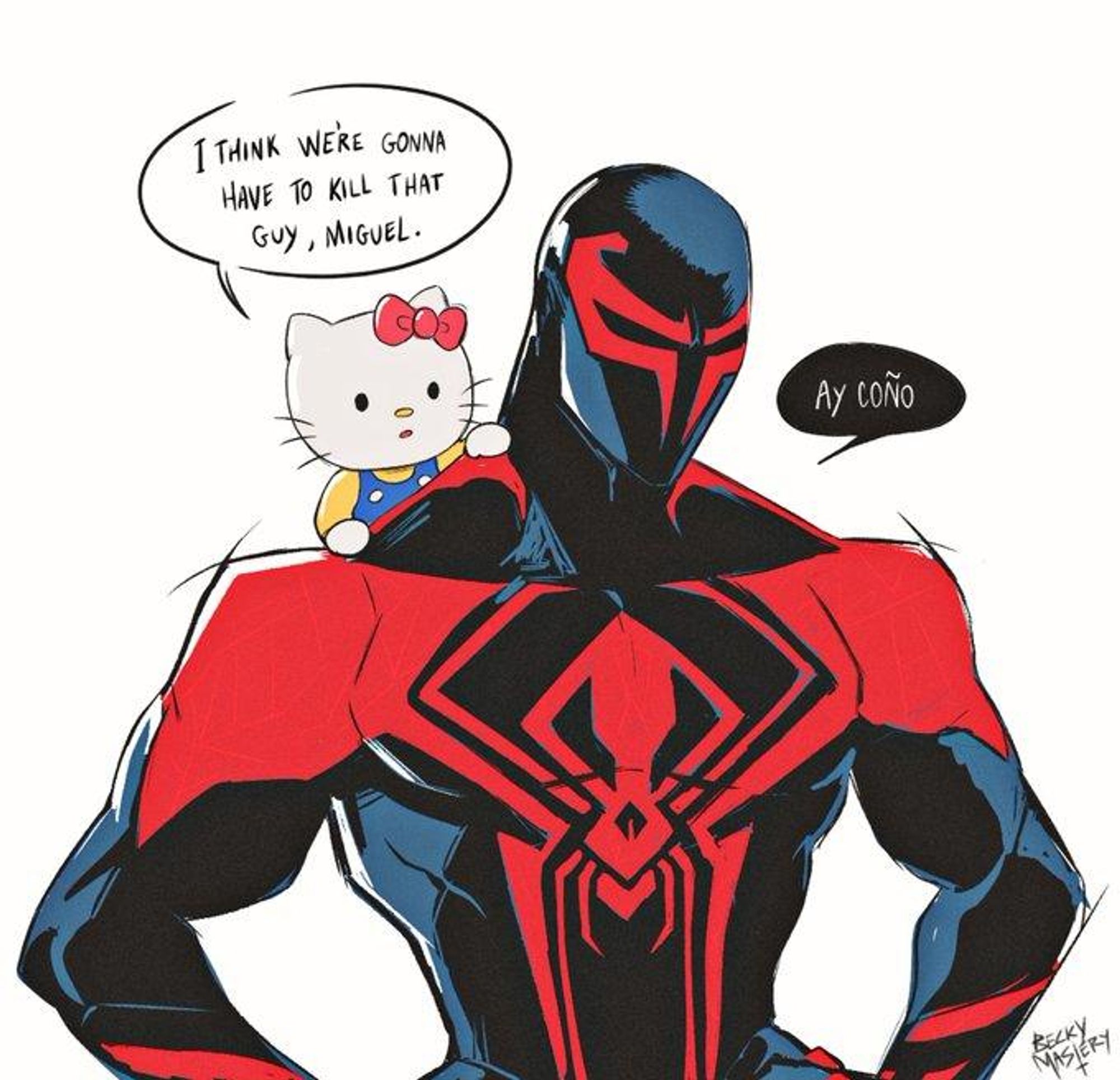 a cartoon of hello kitty telling miguel o'hara that he's going to have to kill that guy