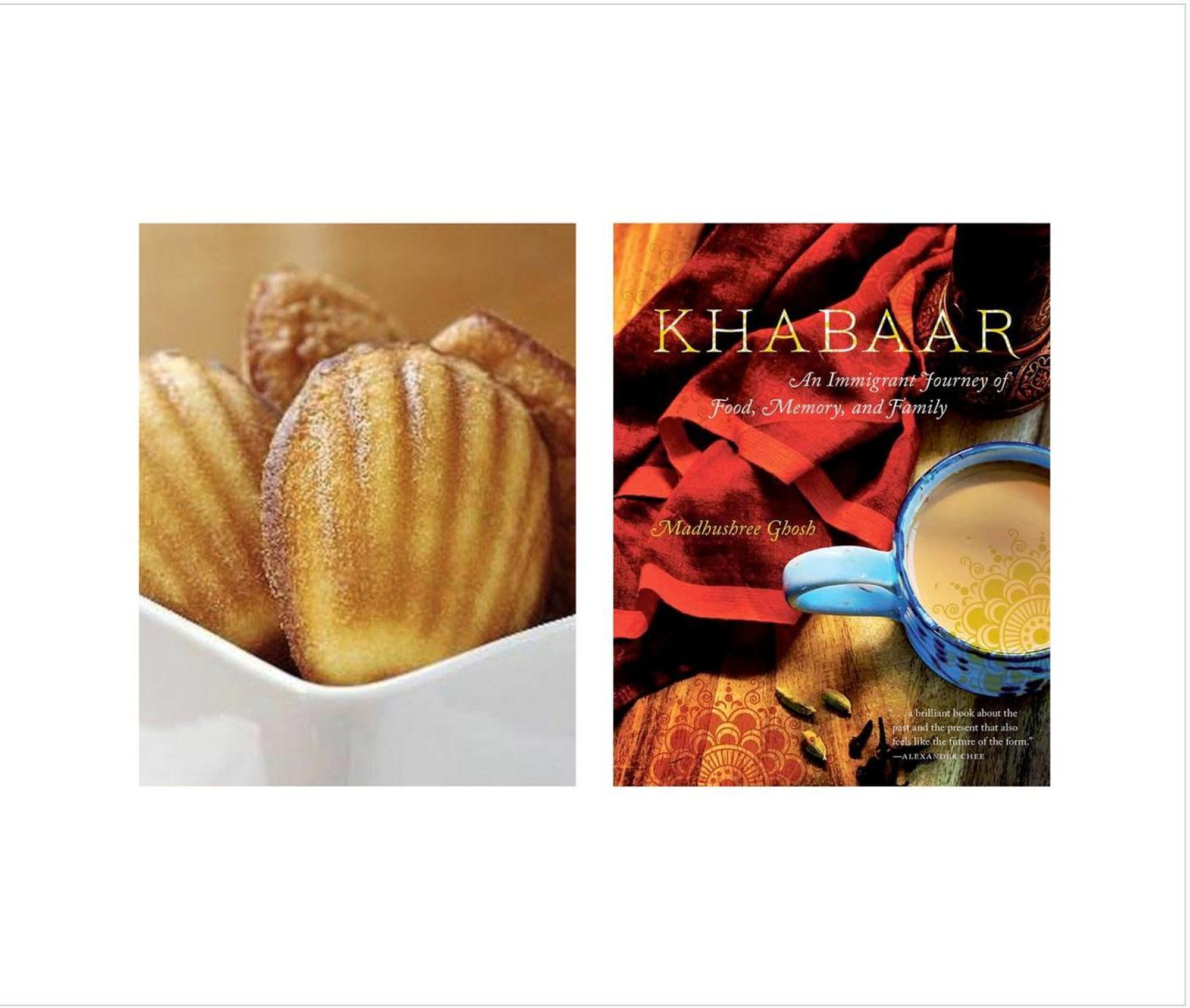 Madeleine cookie and book cover for Khabaar showing deep red textile and cup of chai.