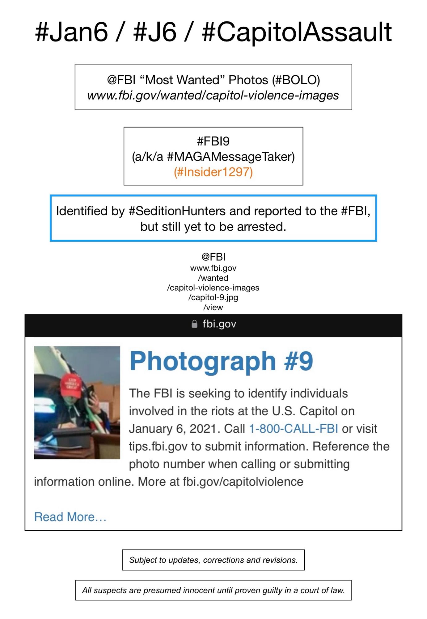 FBI wanted photo of January 6th riot suspect known to Sedition Hunters as “MAGA Message Taker” (FBI Photo Number Nine).  Subject to updates, corrections, and revisions.  All suspects are presumed innocent until proven guilty in a court of law.