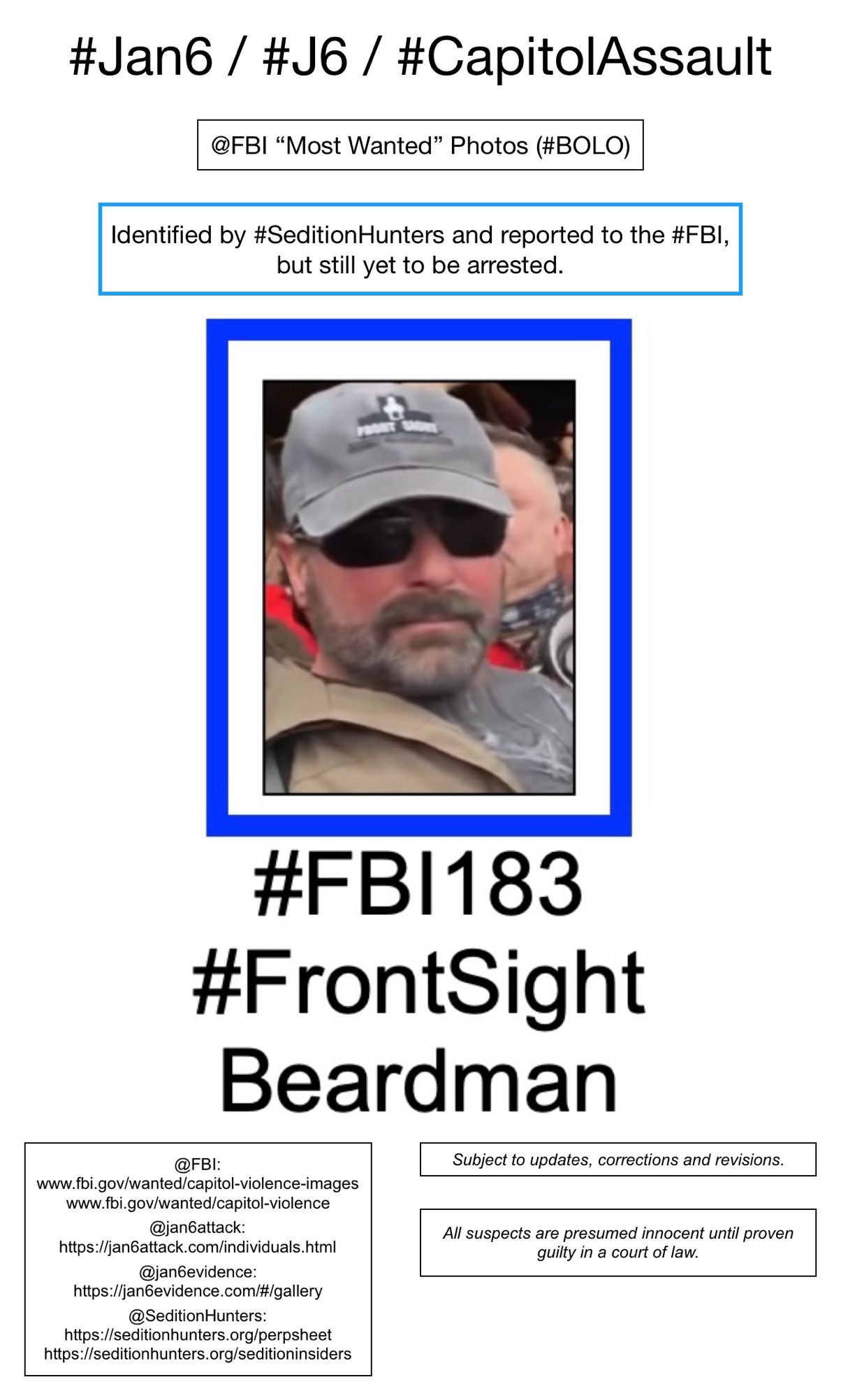 Photo of January 6th riot suspect known to Sedition Hunters as “Front Sight Beardman” (FBI Photo Number One Hundred Eighty-Three).  Subject to updates, corrections, and revisions.  All suspects are presumed innocent until proven guilty in a court of law.