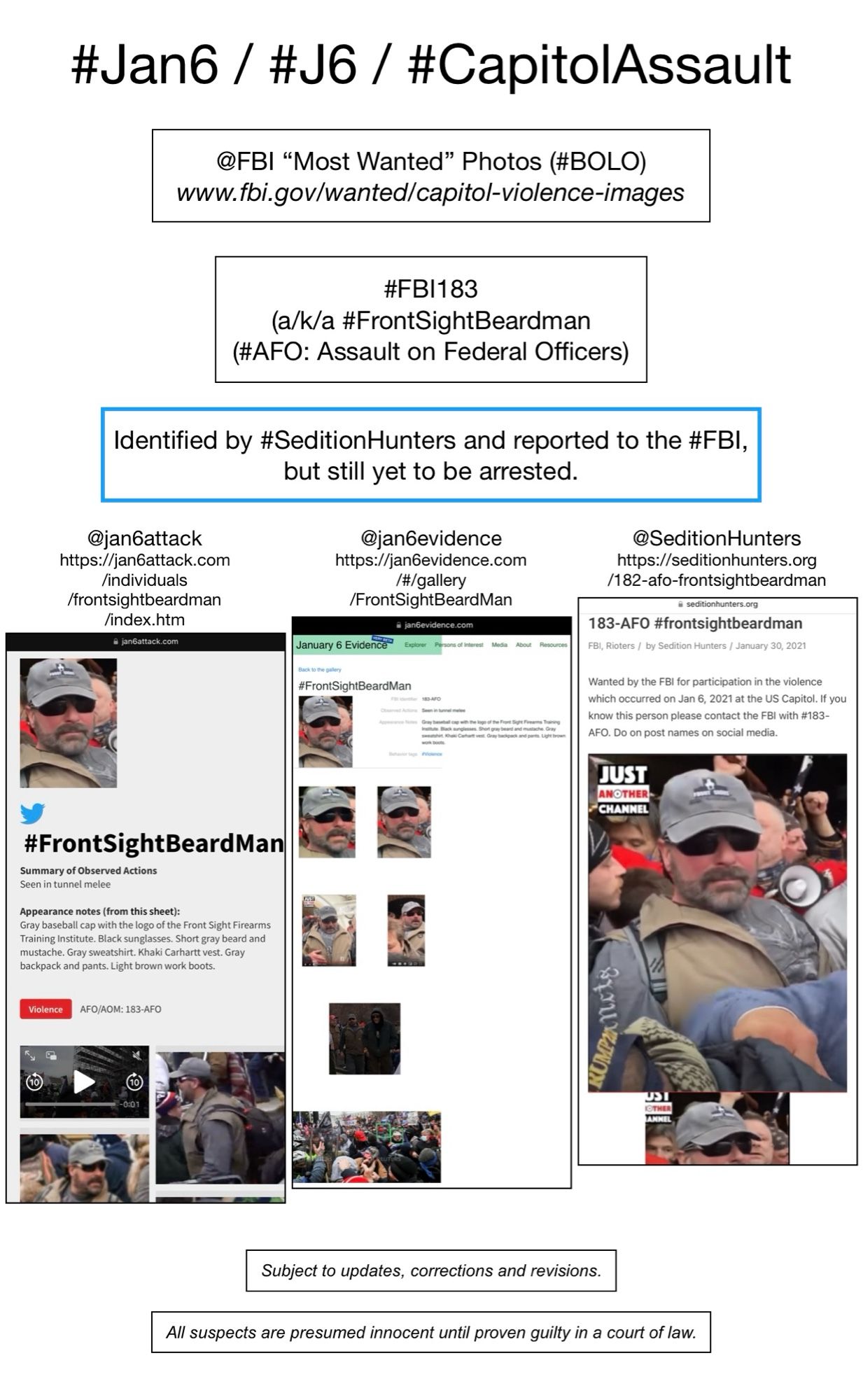 Photos of January 6th riot suspect known to Sedition Hunters as “Front Sight Beardman” (FBI Photo Number One Hundred Eighty-Three).  Subject to updates, corrections, and revisions.  All suspects are presumed innocent until proven guilty in a court of law.