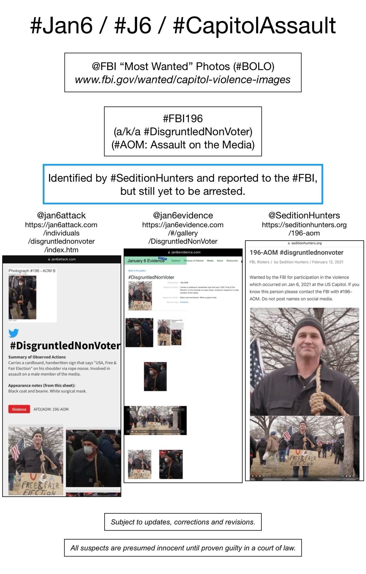 Photos of January 6th riot suspect known to Sedition Hunters as “Disgruntled Non-Voter” (FBI Photo Number One Hundred Ninety-Six).  Subject to updates, corrections, and revisions.  All suspects are presumed innocent until proven guilty in a court of law.