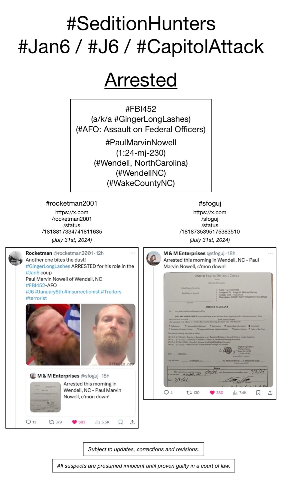 Screenshots of social media posts from #rocketman2001 & #sfoguj, pertaining to January 6th riot suspect Paul Marvin Nowell (Wendell, North Carolina).