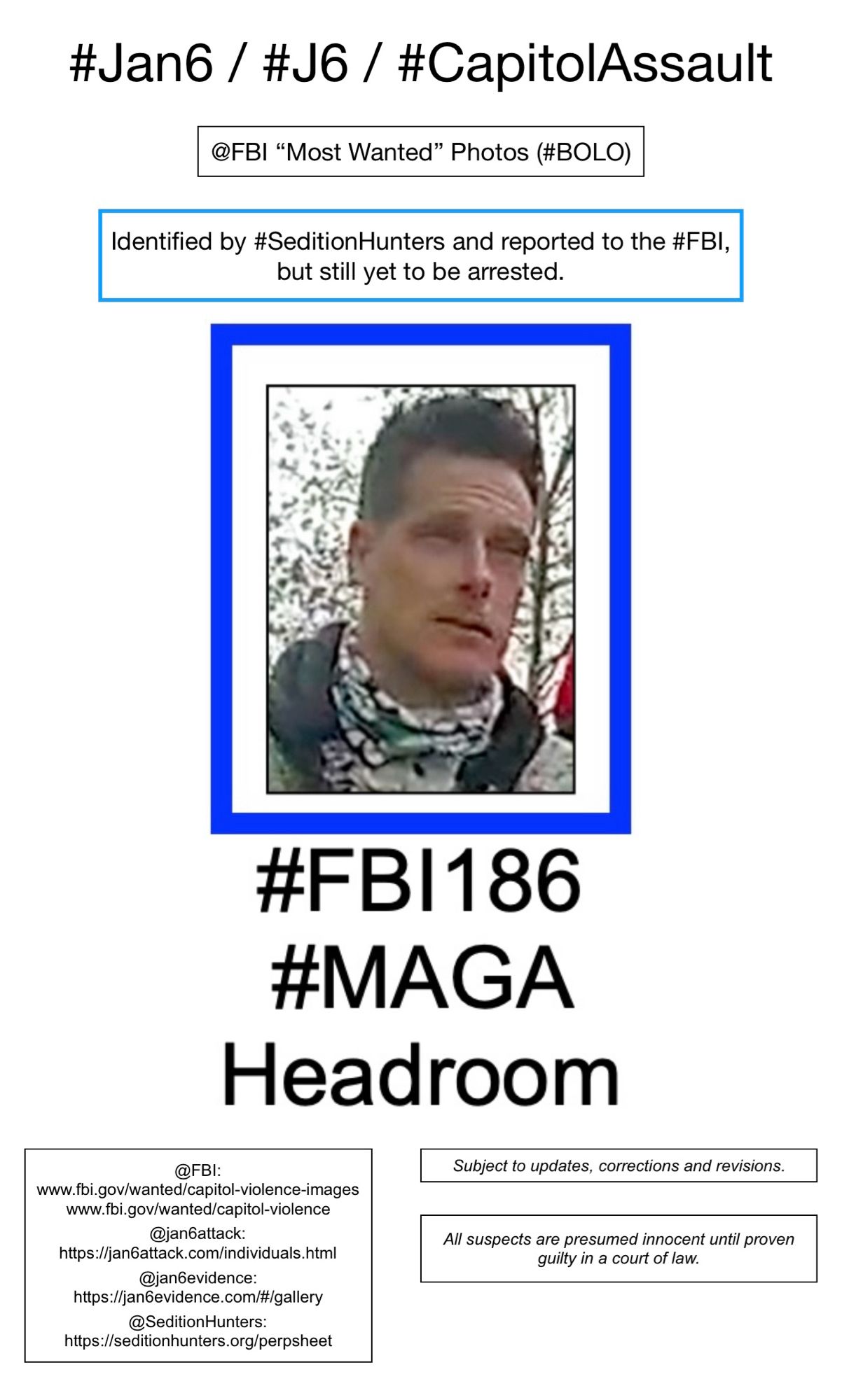 Photo of January 6th riot suspect known to Sedition Hunters as “MAGA Headroom” (FBI Photo Number One Hundred Eighty-Six).  Subject to updates, corrections, and revisions.  All suspects are presumed innocent until proven guilty in a court of law.