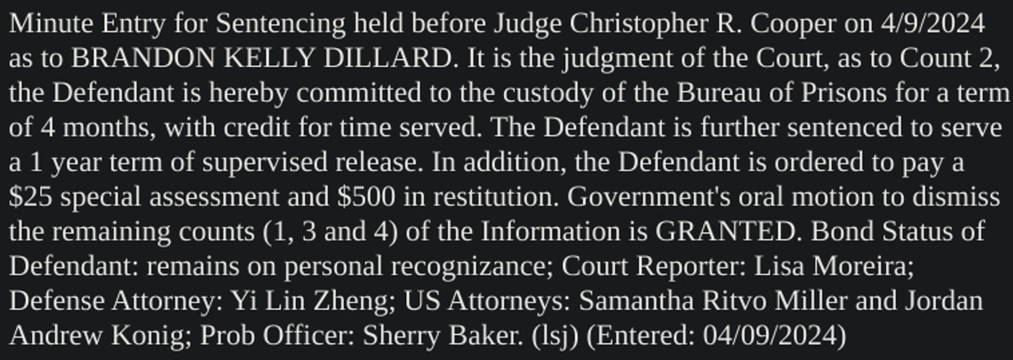 Screenshot of docket entry regarding sentenced January 6th rioter Brandon Dillard (Las Vegas, Nevada).