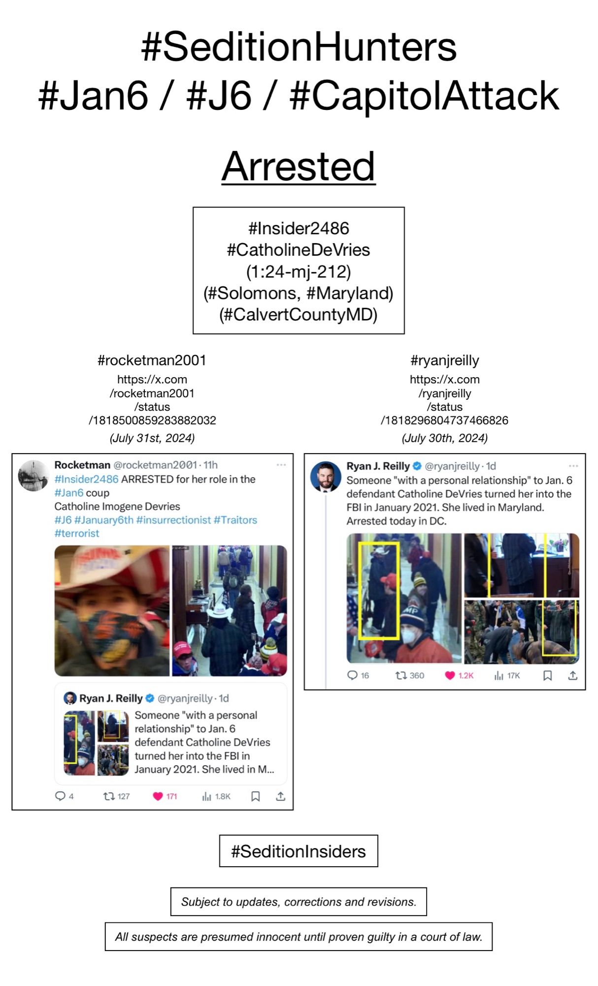 Screenshots of social media posts from #rocketman2001 & #ryanjreilly, pertaining to January 6th riot suspect Catholine DeVries (Solomons, Maryland).