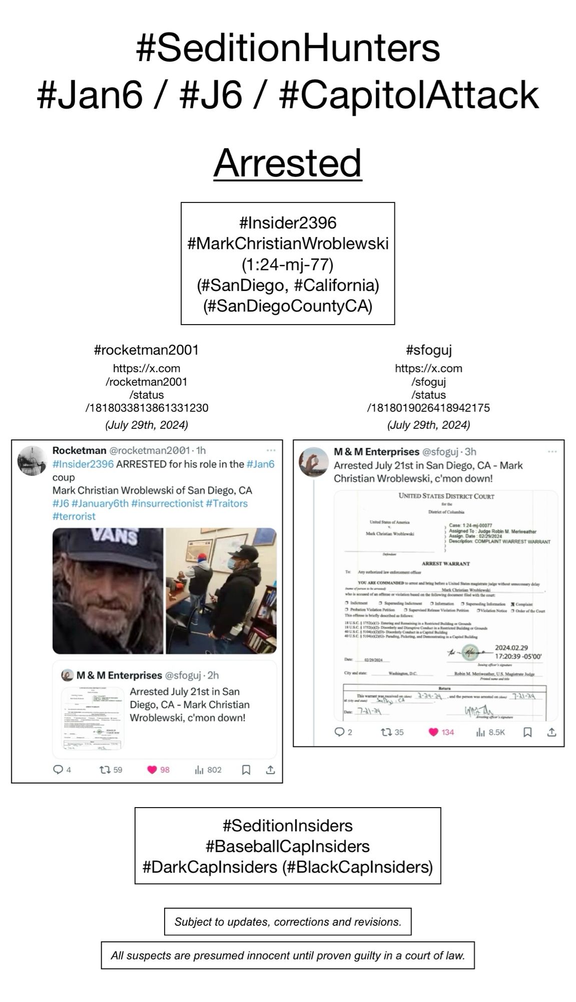 Screenshots of social media posts from #rocketman2001 & #sfoguj, pertaining to January 6th rioter Mark Christian Wroblewski (San Diego, California).