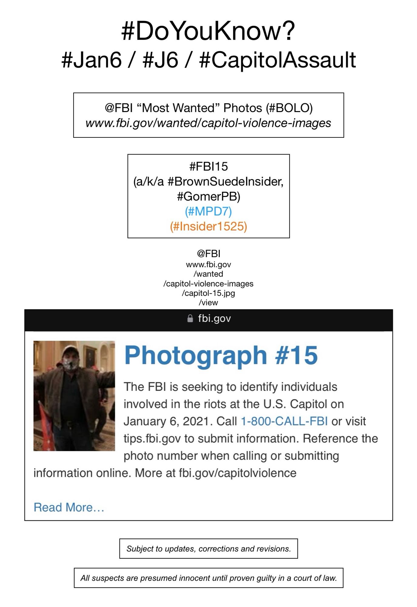 FBI wanted photo of January 6th riot suspect known to Sedition Hunters as “Brown Suede Insider” (FBI Photo Number Fifteen).  Subject to updates, corrections, and revisions.  All suspects are presumed innocent until proven guilty in a court of law.