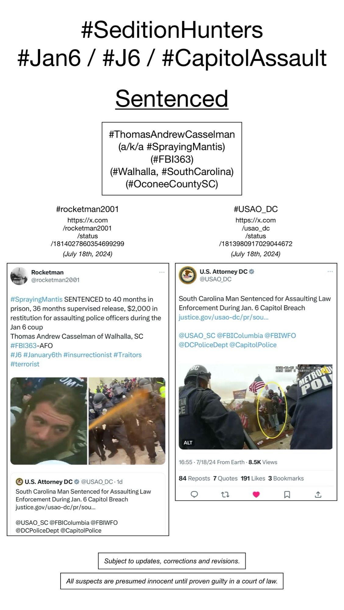 Screenshots of social media posts from #rocketman2001 & #USAO_DC, pertaining to January 6th rioter Thomas Andrew Casselman (Walhalla, South Carolina).