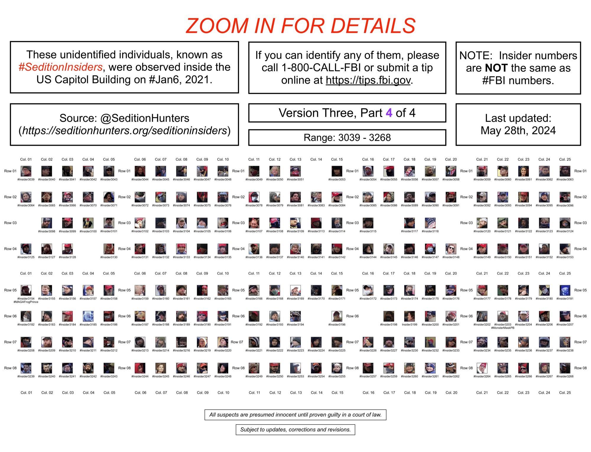 Photos of January 6th riot suspects who were observed inside the US Capitol Building (Range: 3,039 through 3,268, of 3,268) (as of May 28th, 2024).  Insider numbers are not the same thing as FBI numbers.  Posts are subject to updates, corrections and revisions.