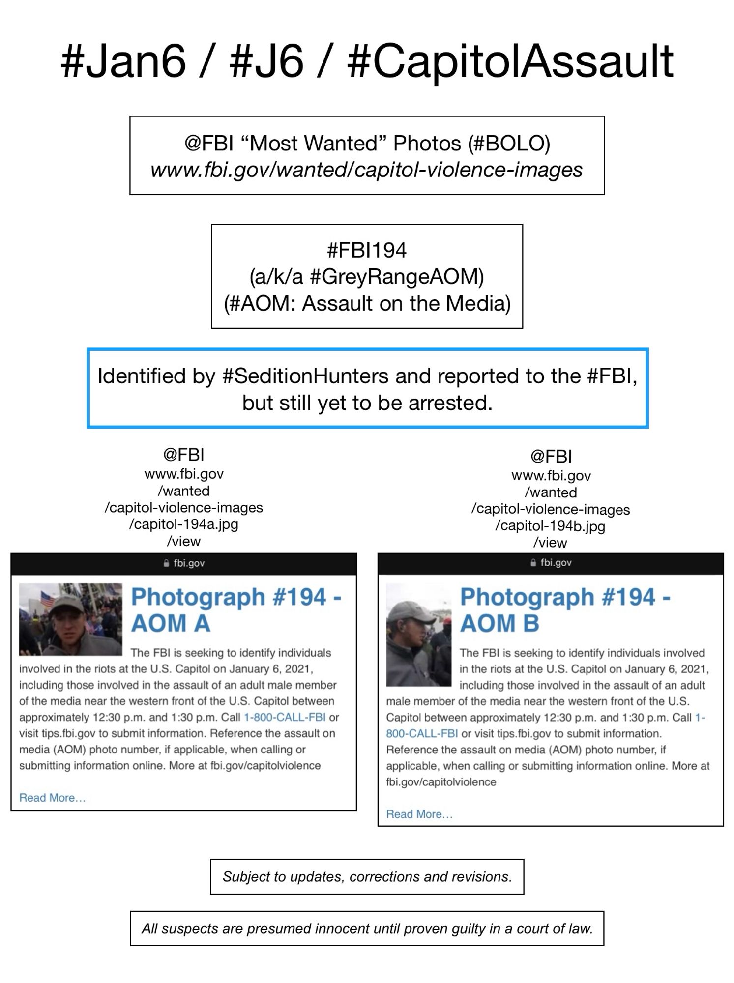 FBI wanted photos of January 6th riot suspect known to Sedition Hunters as “Grey Range AOM” (FBI Photo Number One Hundred Ninety-Four).  Subject to updates, corrections, and revisions.  All suspects are presumed innocent until proven guilty in a court of law.