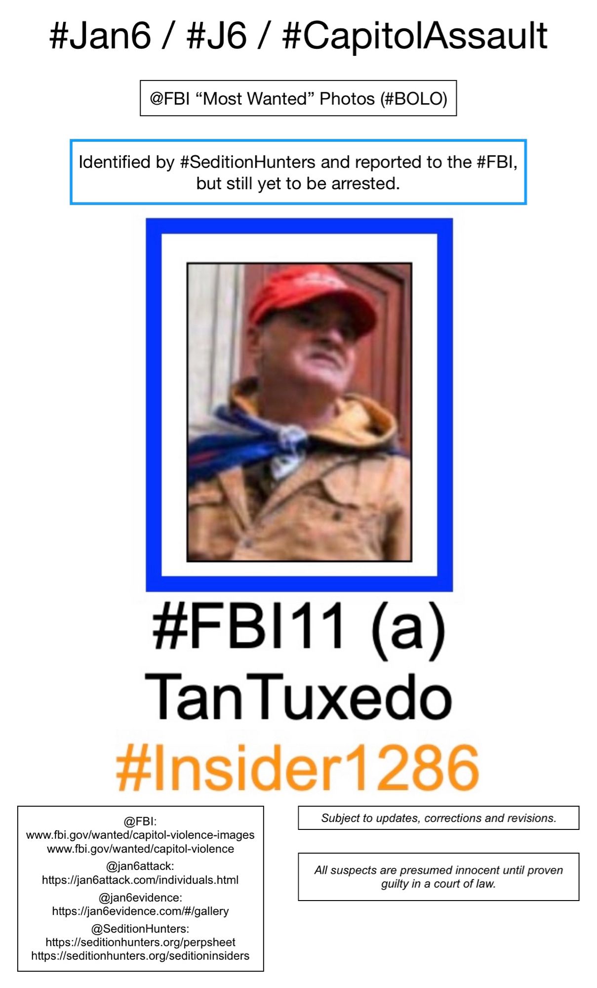 Photo of January 6th riot suspect known to Sedition Hunters as “Tan Tuxedo” (FBI Photo Number Eleven A).  Subject to updates, corrections, and revisions.  All suspects are presumed innocent until proven guilty in a court of law.