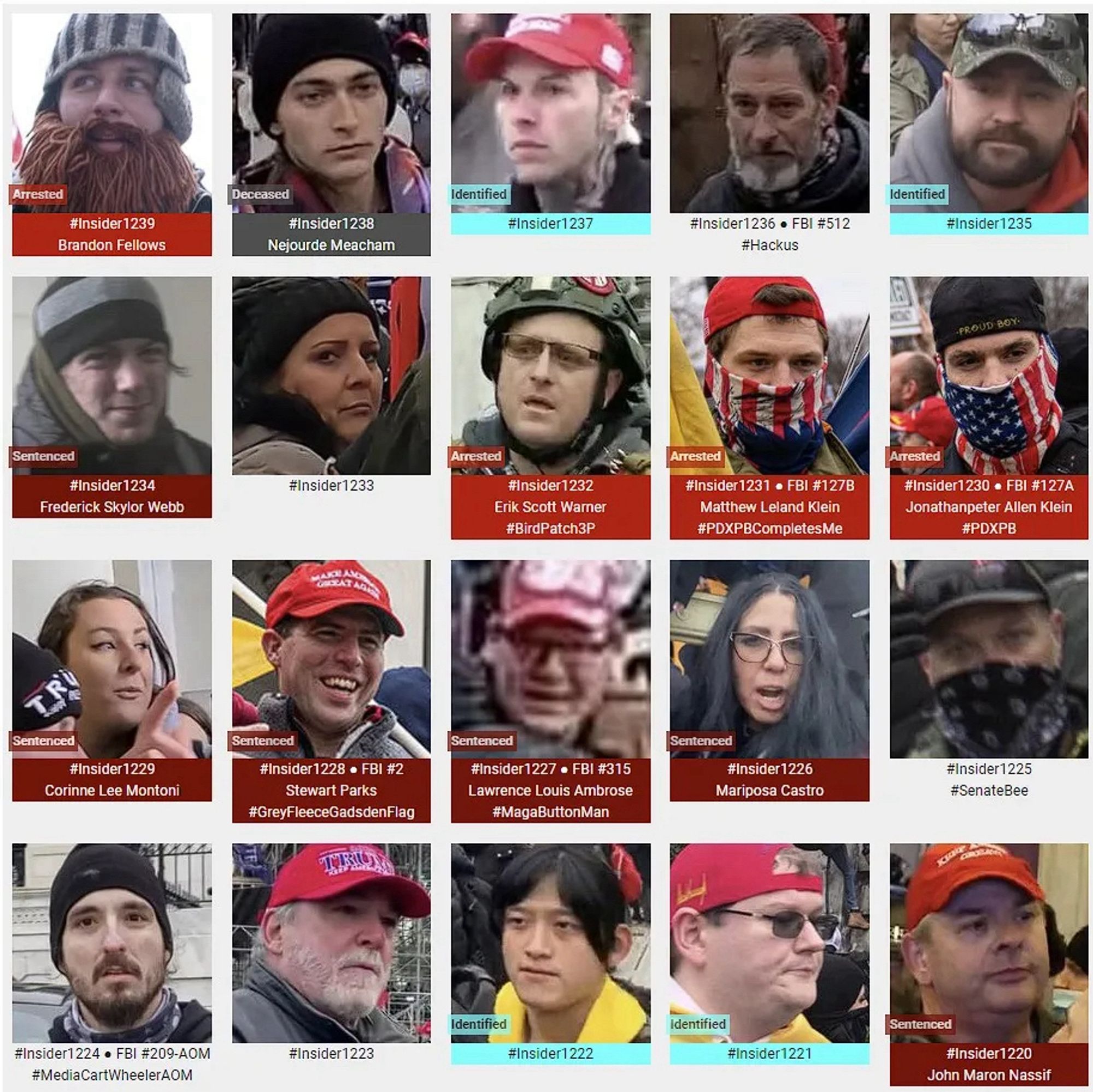 Photos of January 6th riot suspects who were observed inside the US Capitol Building.
(Range: 1,220 through 1,239, of 3,268) 👇
(as of February 22nd, 2024)
(#InsiderWebpage0222)
#SeditionHunters. #SeditionInsiders. #Jan6
Link: https://seditionhunters.org/seditioninsiders