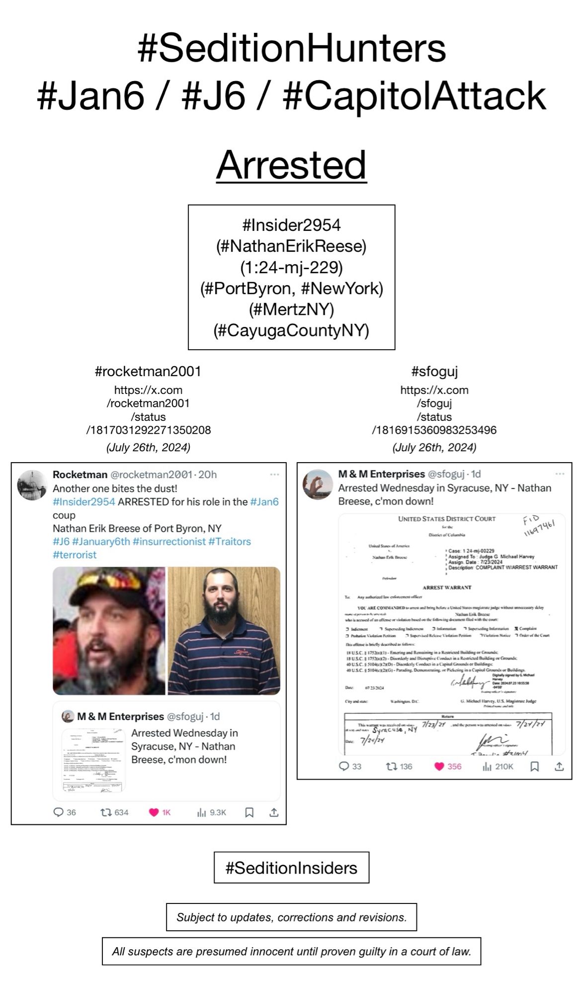 Screenshots of social media posts from #rocketman2001 & #sfoguj, pertaining to January 6th rioter Nathan Erik Breese (Port Byron, New York).