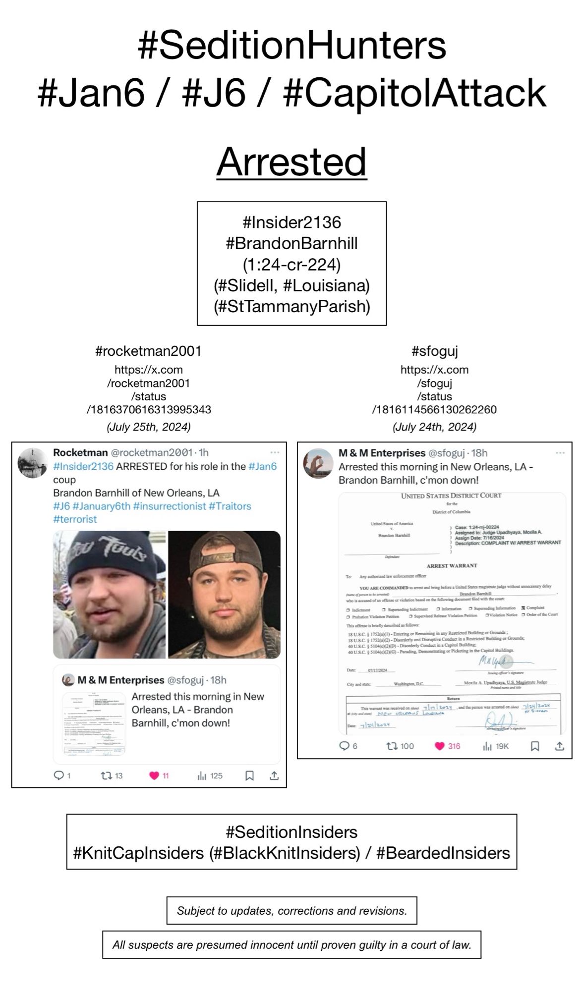 Screenshots of social media posts from #rocketman2001 & #sfoguj, pertaining to January 6th rioter Brandon Barnhill (Slidell, Louisiana).