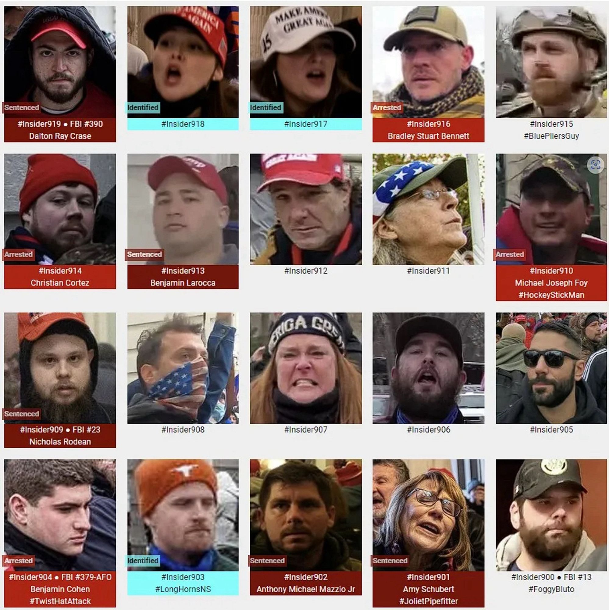 Photos of January 6th riot suspects who were observed inside the US Capitol Building.
(Range: 900 through 919, of 3,268) 👇
(as of February 22nd, 2024)
(#InsiderWebpage0222)
#SeditionHunters. #SeditionInsiders. #Jan6
Link: https://seditionhunters.org/seditioninsiders