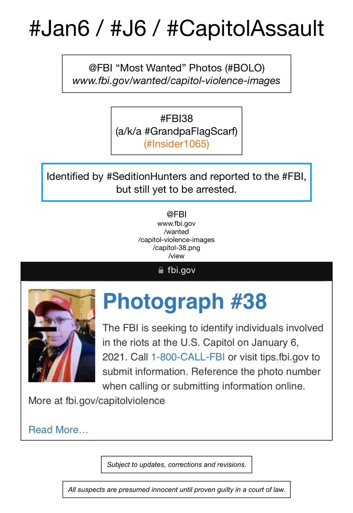 FBI wanted photo of January 6th riot suspect known to Sedition Hunters as “Grandpa Flag Scarf” (FBI Photo Number Thirty-Eight).  Subject to updates, corrections, and revisions.  All suspects are presumed innocent until proven guilty in a court of law.