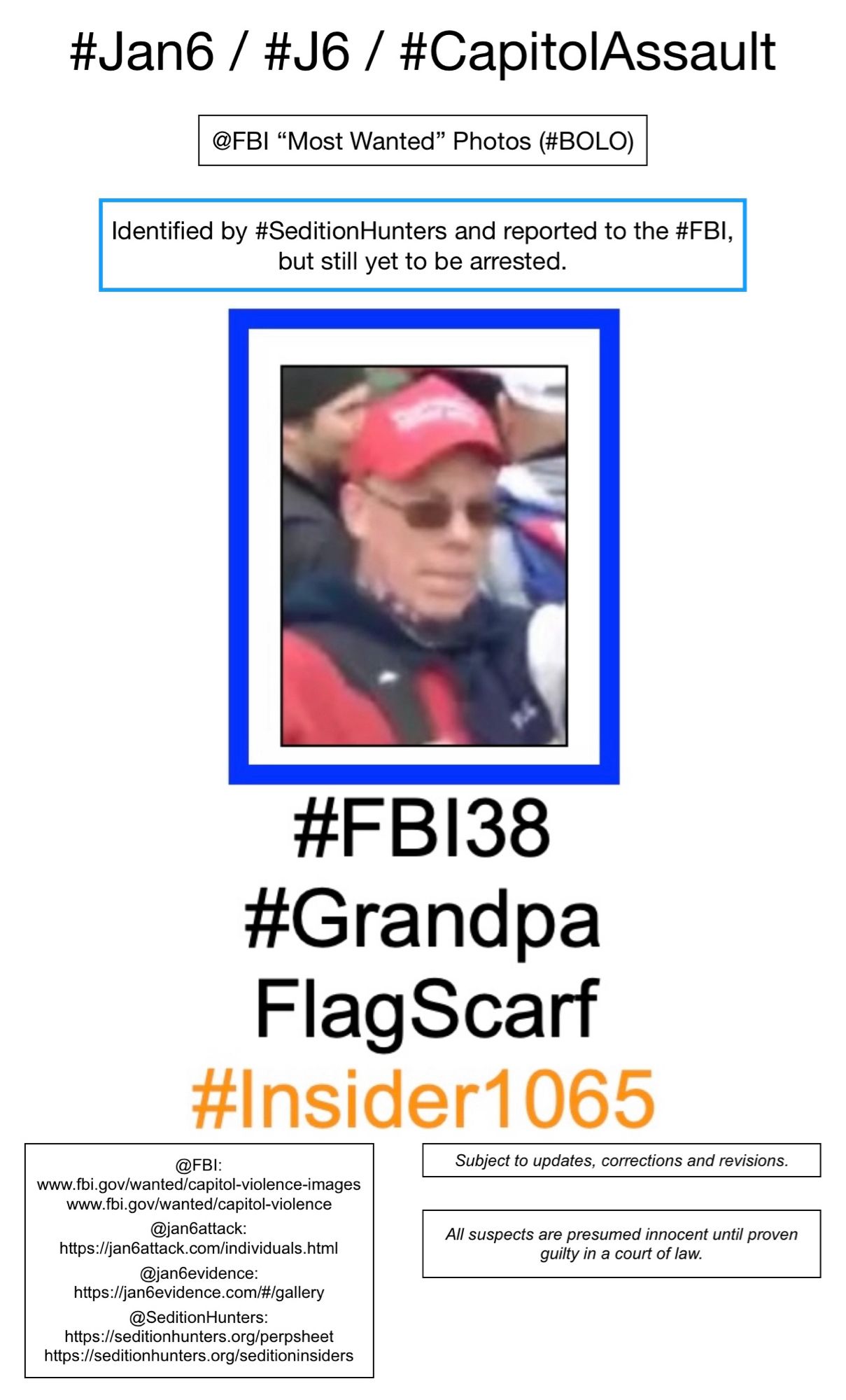 Photo of January 6th riot suspect known to Sedition Hunters as “Grandpa Flag Scarf” (FBI Photo Number Thirty-Eight).  Subject to updates, corrections, and revisions.  All suspects are presumed innocent until proven guilty in a court of law.