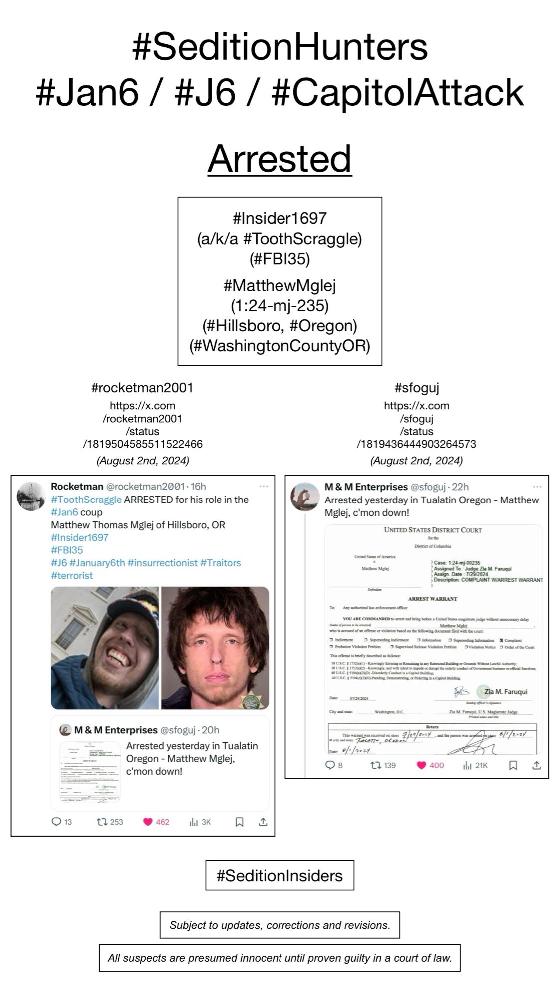 Screenshots of social media posts from #rocketman2001 & #sfoguj, pertaining to January 6th riot suspect Matthew Mglej (Hillsboro, Oregon).