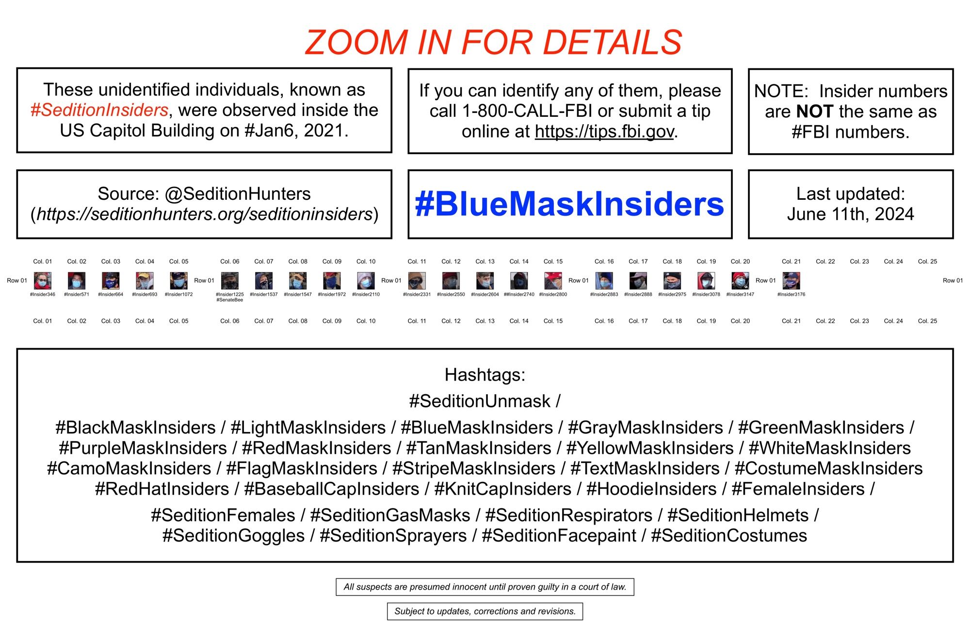 Poster showing 21 unidentified masked January 6th riot suspects (blue-color masks) who were observed inside the U.S. Capitol Building.