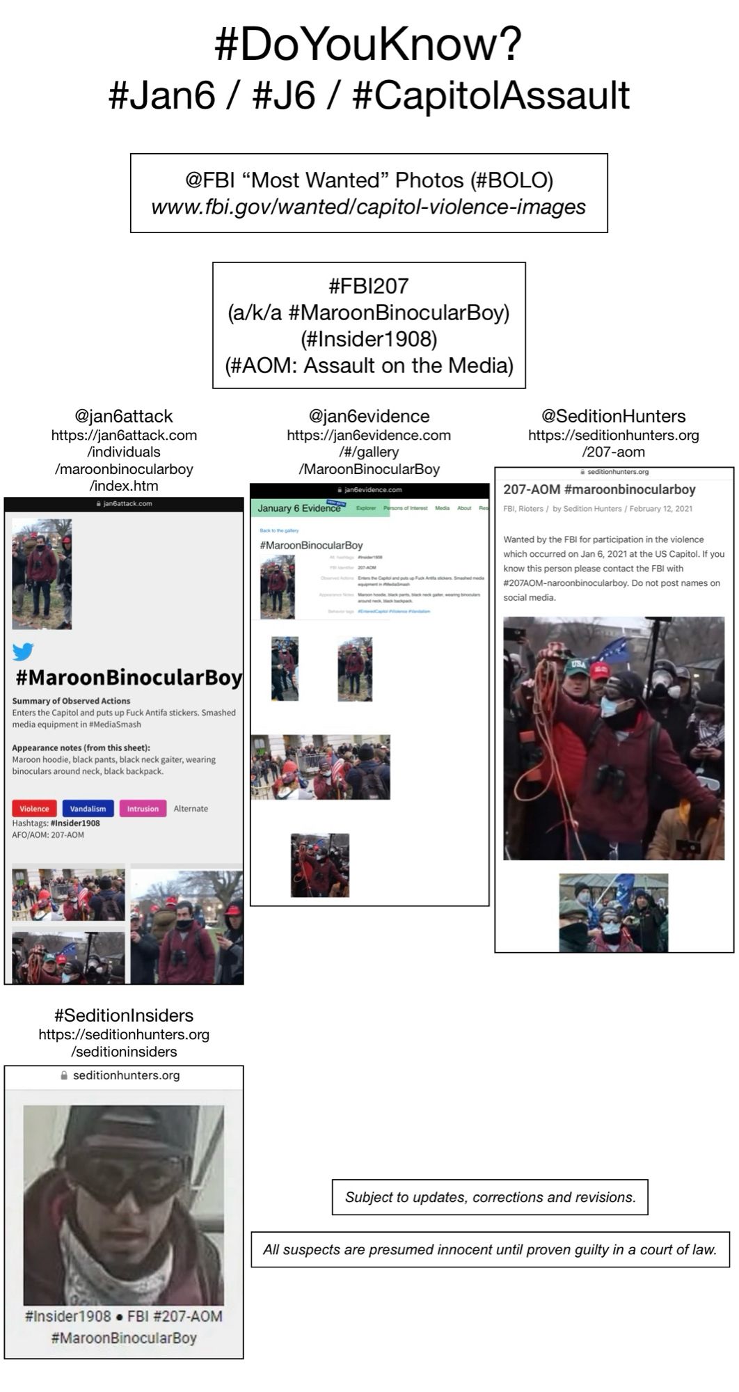 Photos of January 6th riot suspect known to Sedition Hunters as “Maroon Binocular Boy” (FBI Photo Number Two Hundred Seven).  Subject to updates, corrections, and revisions.  All suspects are presumed innocent until proven guilty in a court of law.