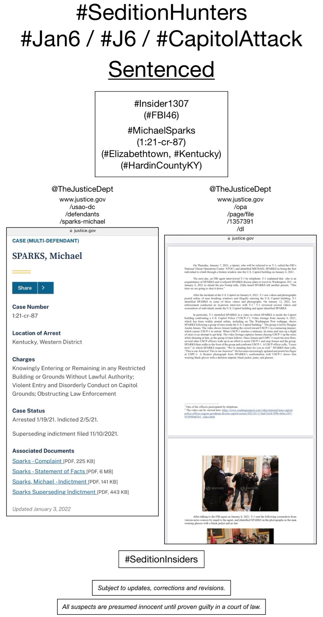 Screenshots of Justice Department items pertaining to January 6th rioter Michael Sparks (Elizabethtown, Kentucky).