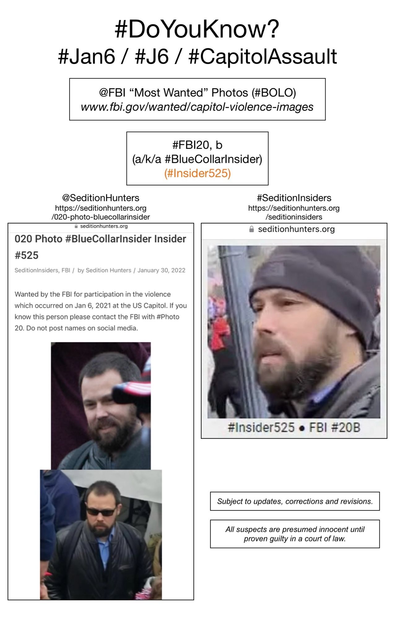 Photos of January 6th riot suspect known to Sedition Hunters as “Blue Collar Insider” (FBI Photo Number Twenty B).  Subject to updates, corrections, and revisions.  All suspects are presumed innocent until proven guilty in a court of law.