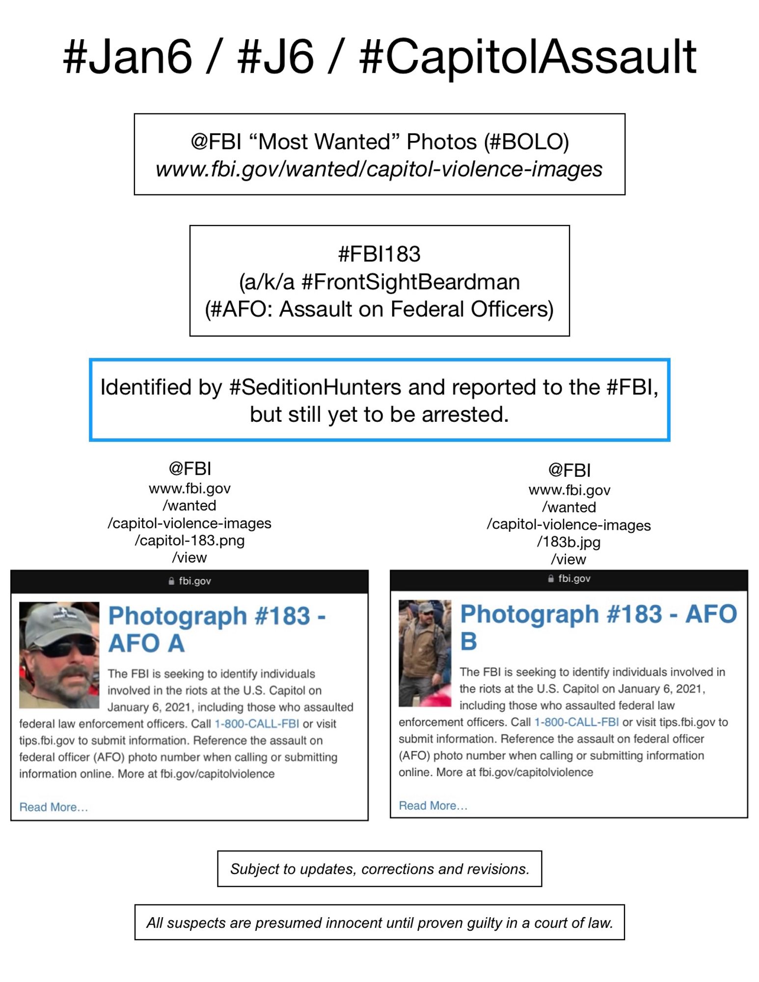 FBI wanted photos of January 6th riot suspect known to Sedition Hunters as “Front Sight Beardman” (FBI Photo Number One Hundred Eighty-Three).  Subject to updates, corrections, and revisions.  All suspects are presumed innocent until proven guilty in a court of law.