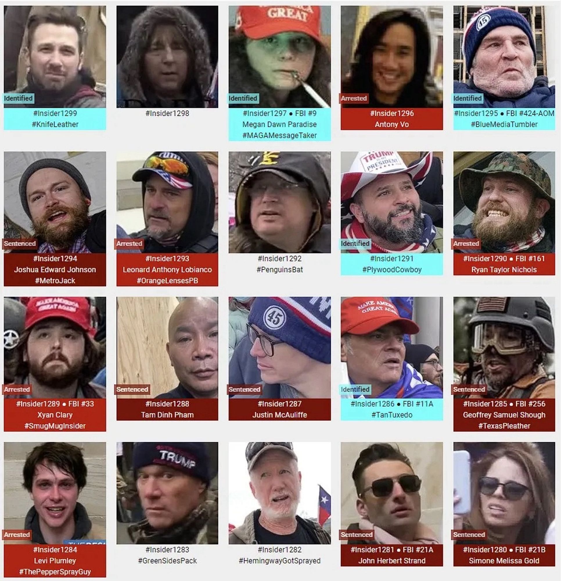 Photos of January 6th riot suspects who were observed inside the US Capitol Building.
(Range: 1,280 through 1,299, of 3,268) 👇
(as of February 22nd, 2024)
(#InsiderWebpage0222)
#SeditionHunters. #SeditionInsiders. #Jan6
Link: https://seditionhunters.org/seditioninsiders