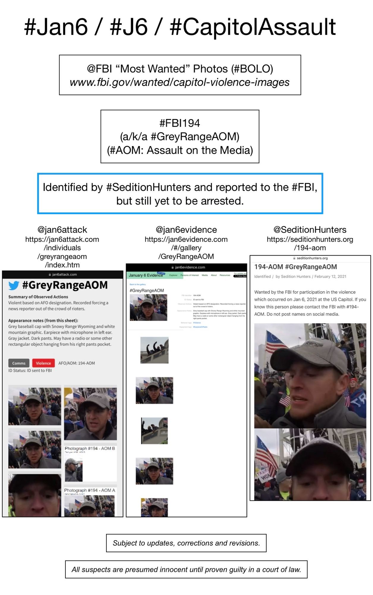 Photos of January 6th riot suspect known to Sedition Hunters as “Grey Range AOM” (FBI Photo Number One Hundred Ninety-Four).  Subject to updates, corrections, and revisions.  All suspects are presumed innocent until proven guilty in a court of law.