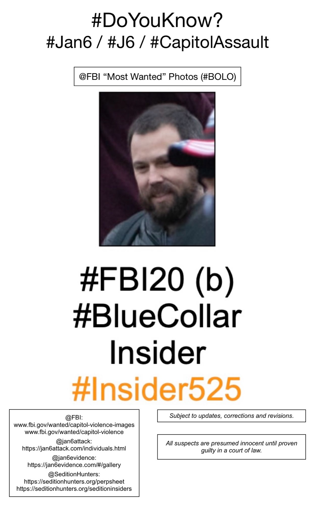 Photo of January 6th riot suspect known to Sedition Hunters as “Blue Collar Insider” (FBI Photo Number Twenty B).  Subject to updates, corrections, and revisions.  All suspects are presumed innocent until proven guilty in a court of law.