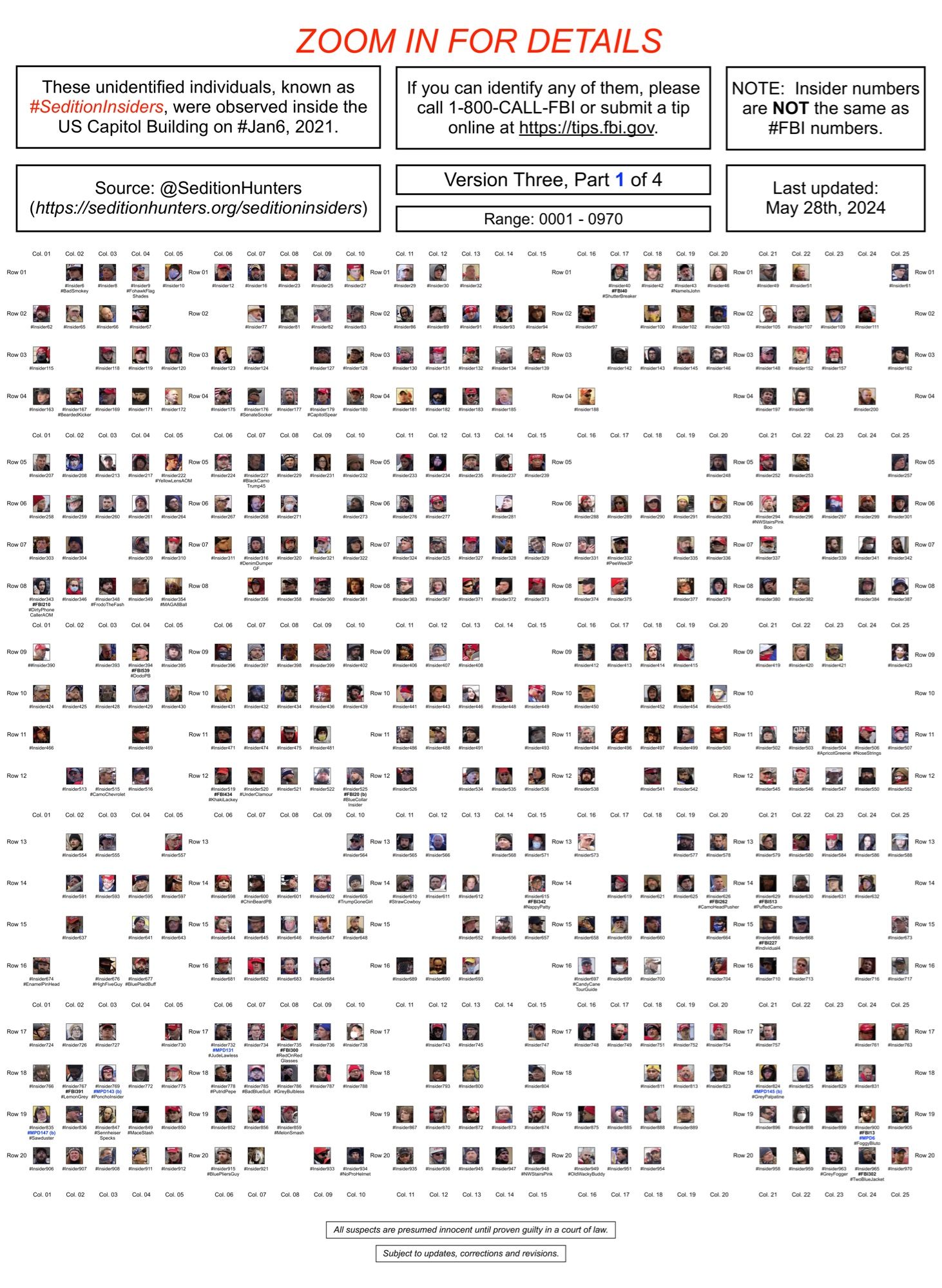 Photos of January 6th riot suspects who were observed inside the US Capitol Building (Range: 6 through 970, of 3,268) (as of May 28th, 2024).  Insider numbers are not the same thing as FBI numbers.  Posts are subject to updates, corrections and revisions.