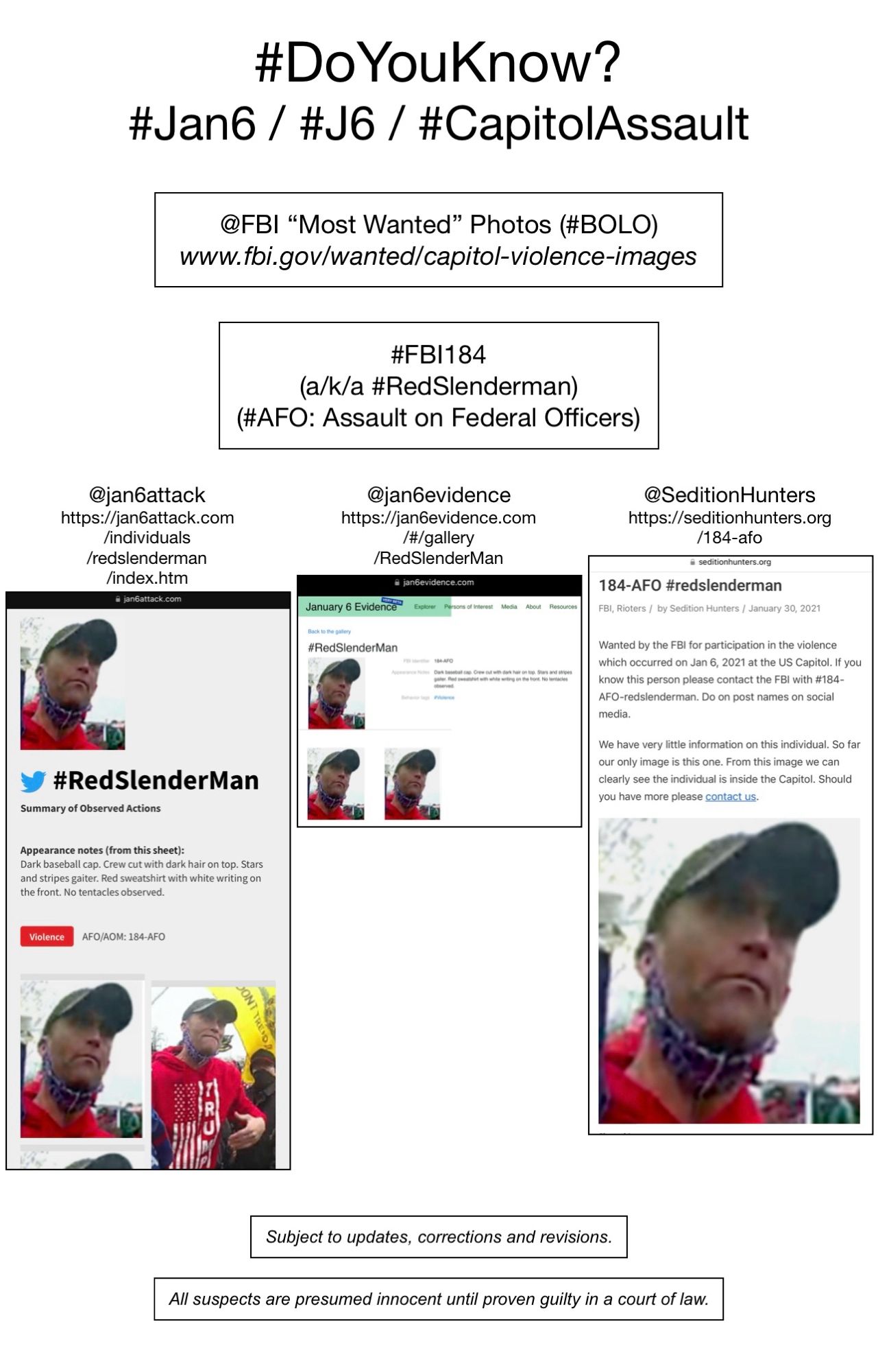 Photos of January 6th riot suspect known to Sedition Hunters as “Red Slender Man” (FBI Photo Number One Hundred Eighty-Four).  Subject to updates, corrections, and revisions.  All suspects are presumed innocent until proven guilty in a court of law.