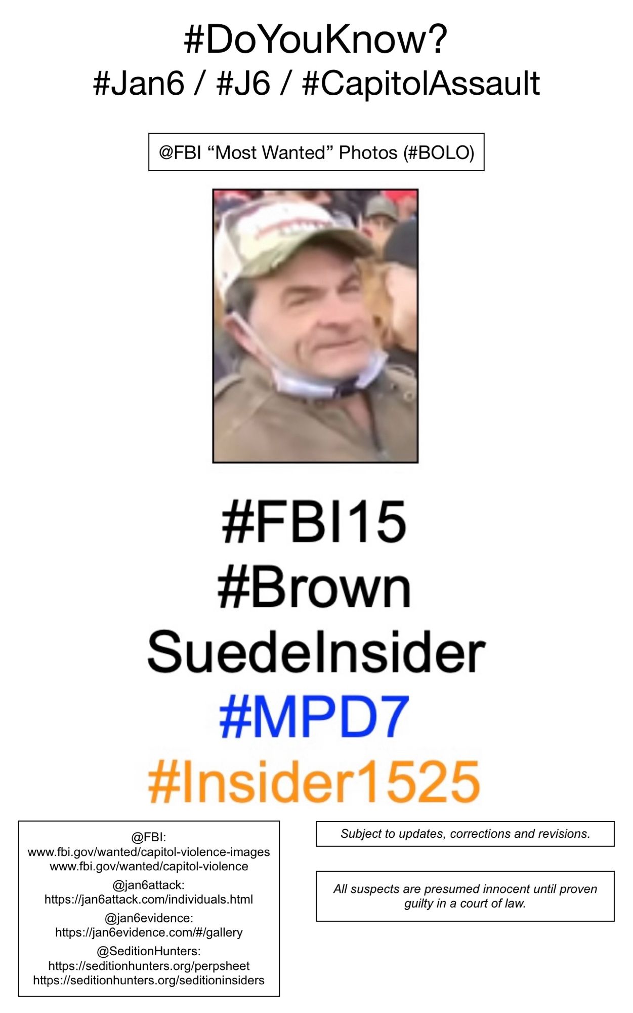 Photo of January 6th riot suspect known to Sedition Hunters as “Brown Suede Insider” (FBI Photo Number Fifteen).  Subject to updates, corrections, and revisions.  All suspects are presumed innocent until proven guilty in a court of law.