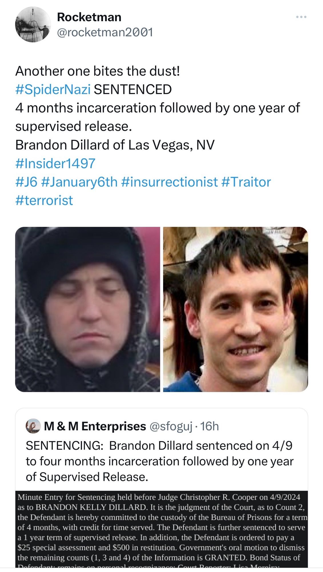 Screenshot of post from #rocketman2001 regarding sentenced January 6th rioter Brandon Dillard (Las Vegas, Nevada).