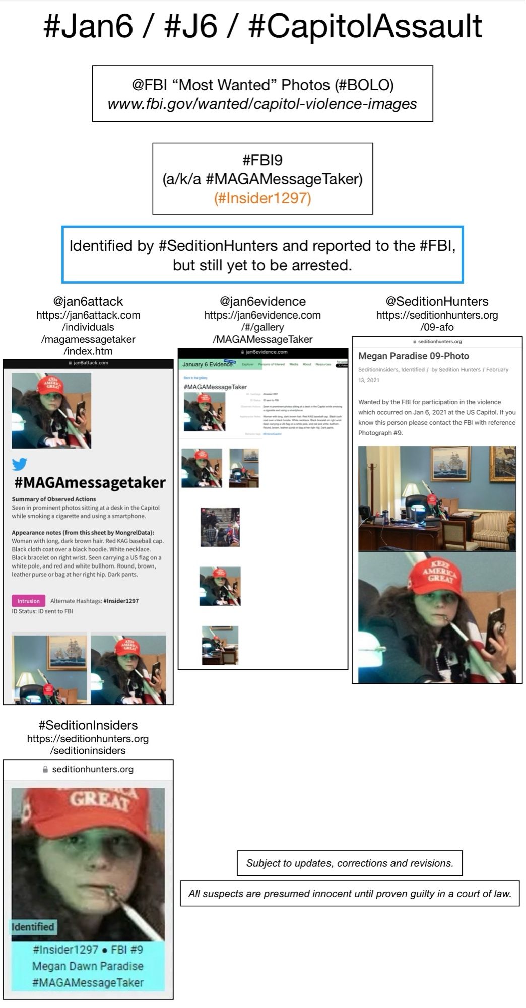 Photos of January 6th riot suspect known to Sedition Hunters as “MAGA Message Taker” (FBI Photo Number Nine).  Subject to updates, corrections, and revisions.  All suspects are presumed innocent until proven guilty in a court of law.