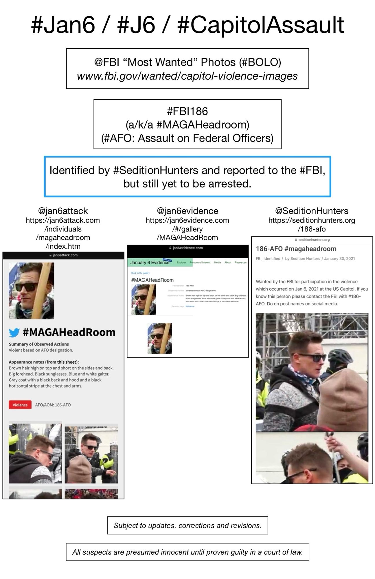 Photos of January 6th riot suspect known to Sedition Hunters as “MAGA Headroom” (FBI Photo Number One Hundred Eighty-Six).  Subject to updates, corrections, and revisions.  All suspects are presumed innocent until proven guilty in a court of law.