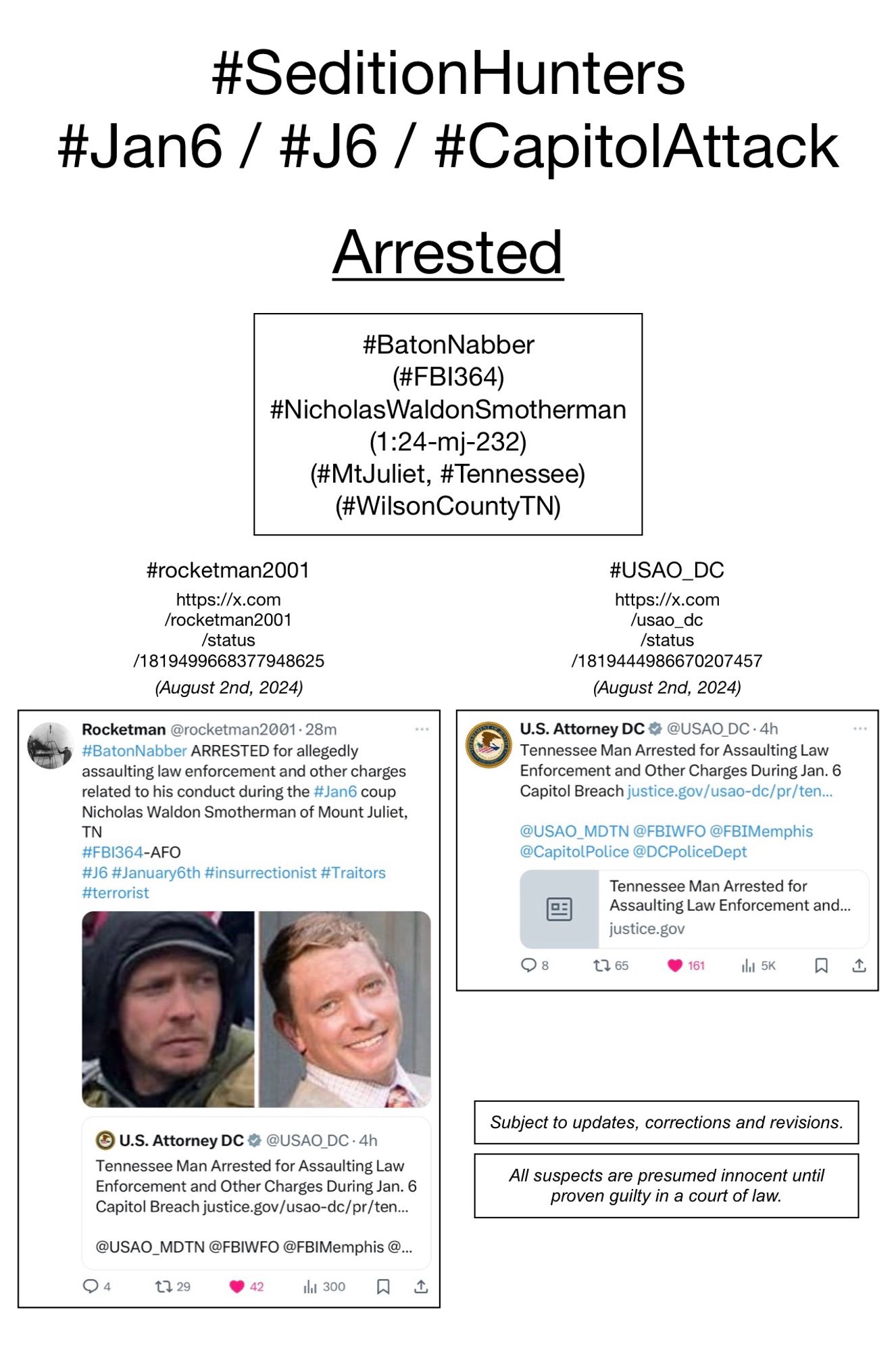 Screenshots of social media posts from #rocketman2001 & #USAO_DC, pertaining to January 6th riot suspect Nicholas Waldon Smotherman (Mt. Juliet, Tennessee).