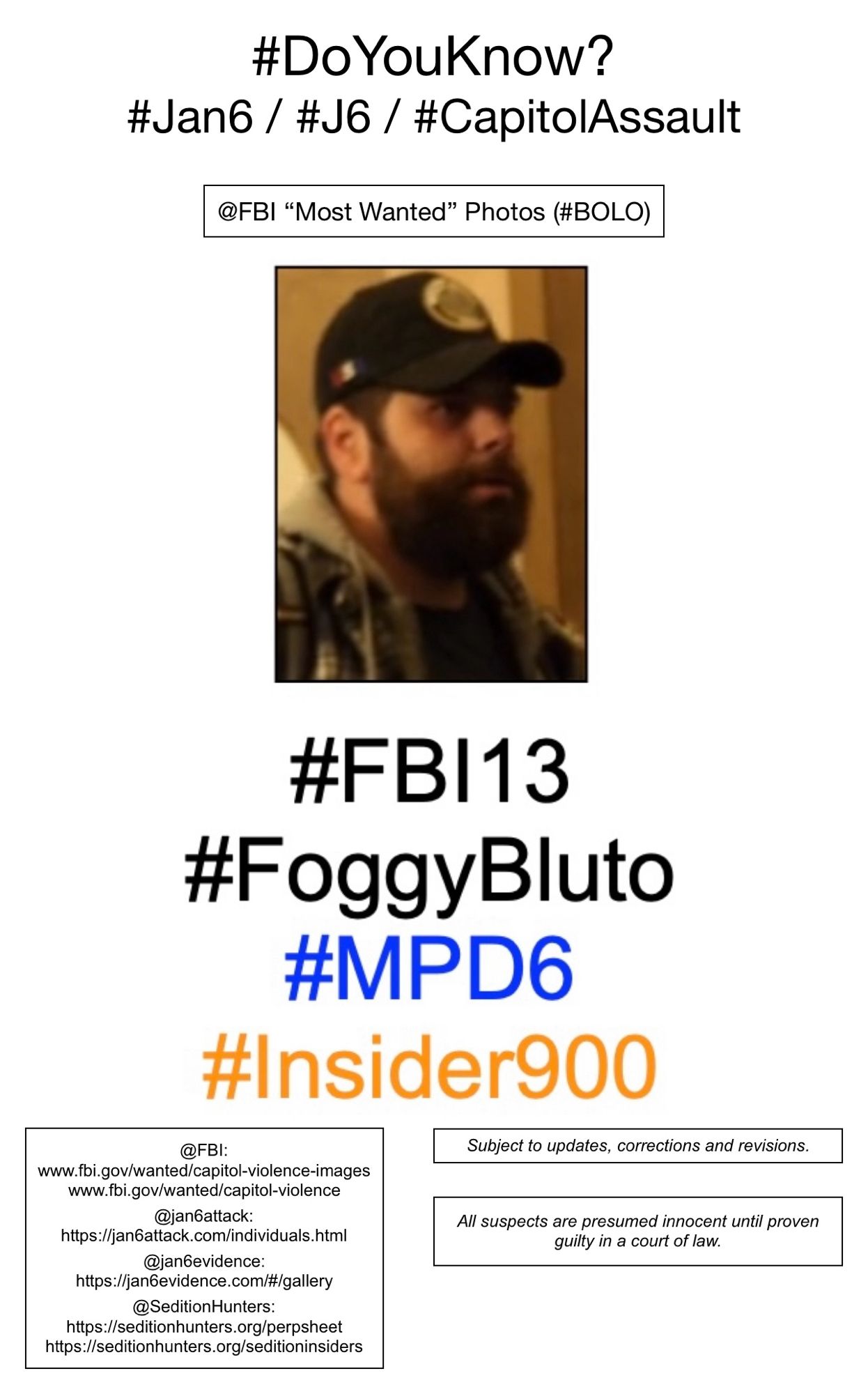 Photo of January 6th riot suspect known to Sedition Hunters as “Foggy Bluto” (FBI Photo Number Thirteen).  Subject to updates, corrections, and revisions.  All suspects are presumed innocent until proven guilty in a court of law.