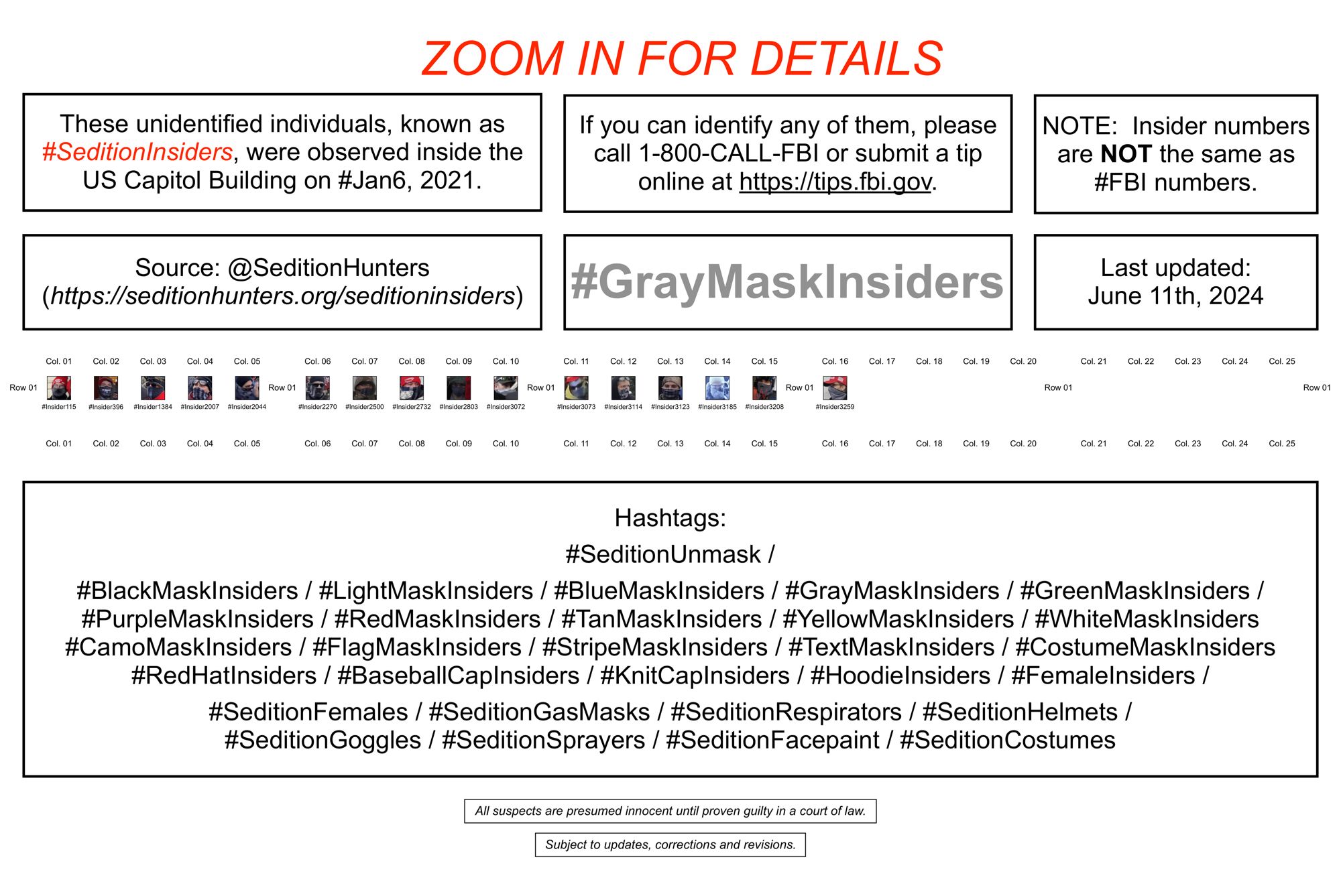 Poster showing 16 unidentified masked January 6th riot suspects (gray-color masks) who were observed inside the U.S. Capitol Building.