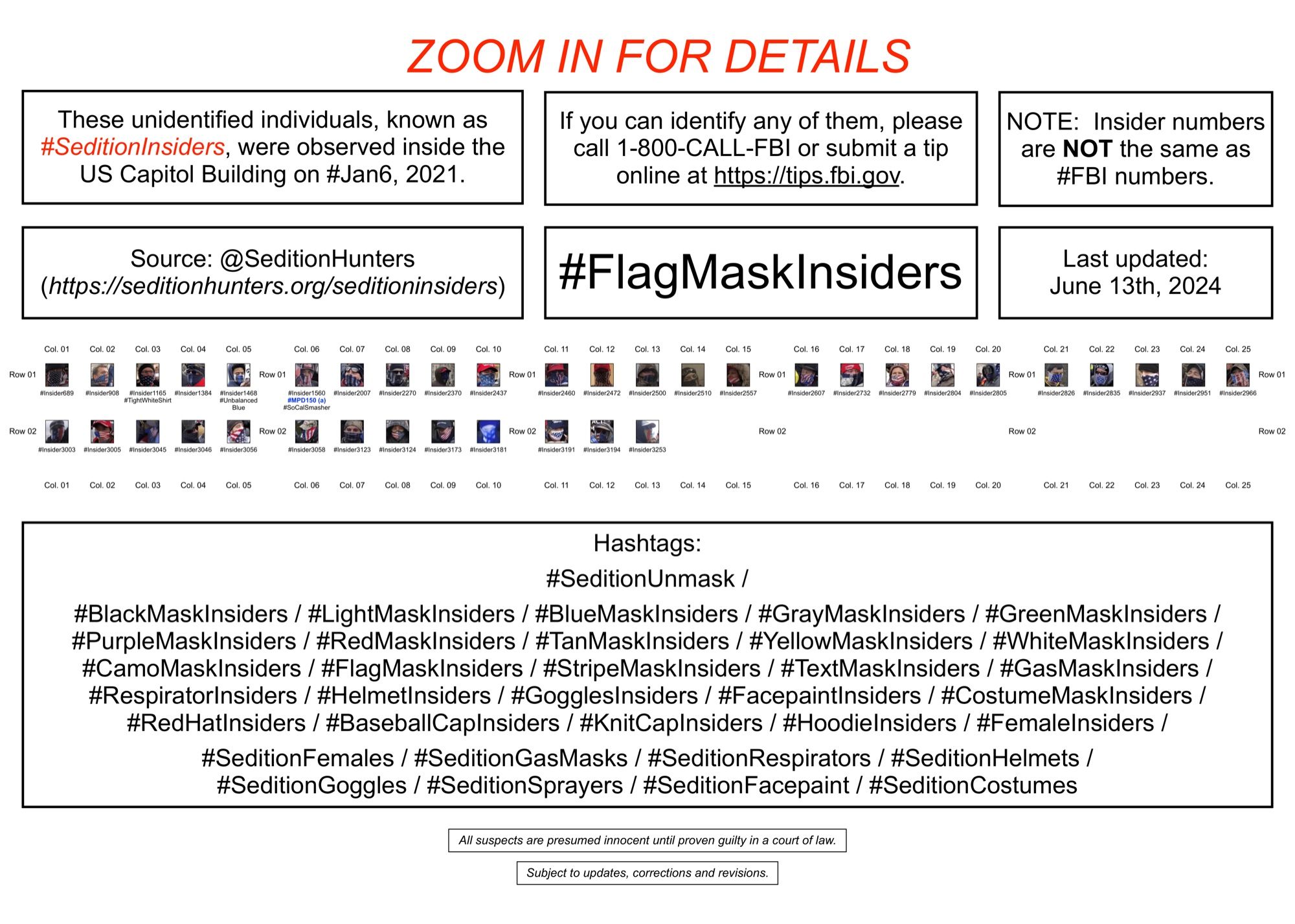 Poster showing 38 unidentified masked January 6th riot suspects (flag masks) who were observed inside the U.S. Capitol Building.