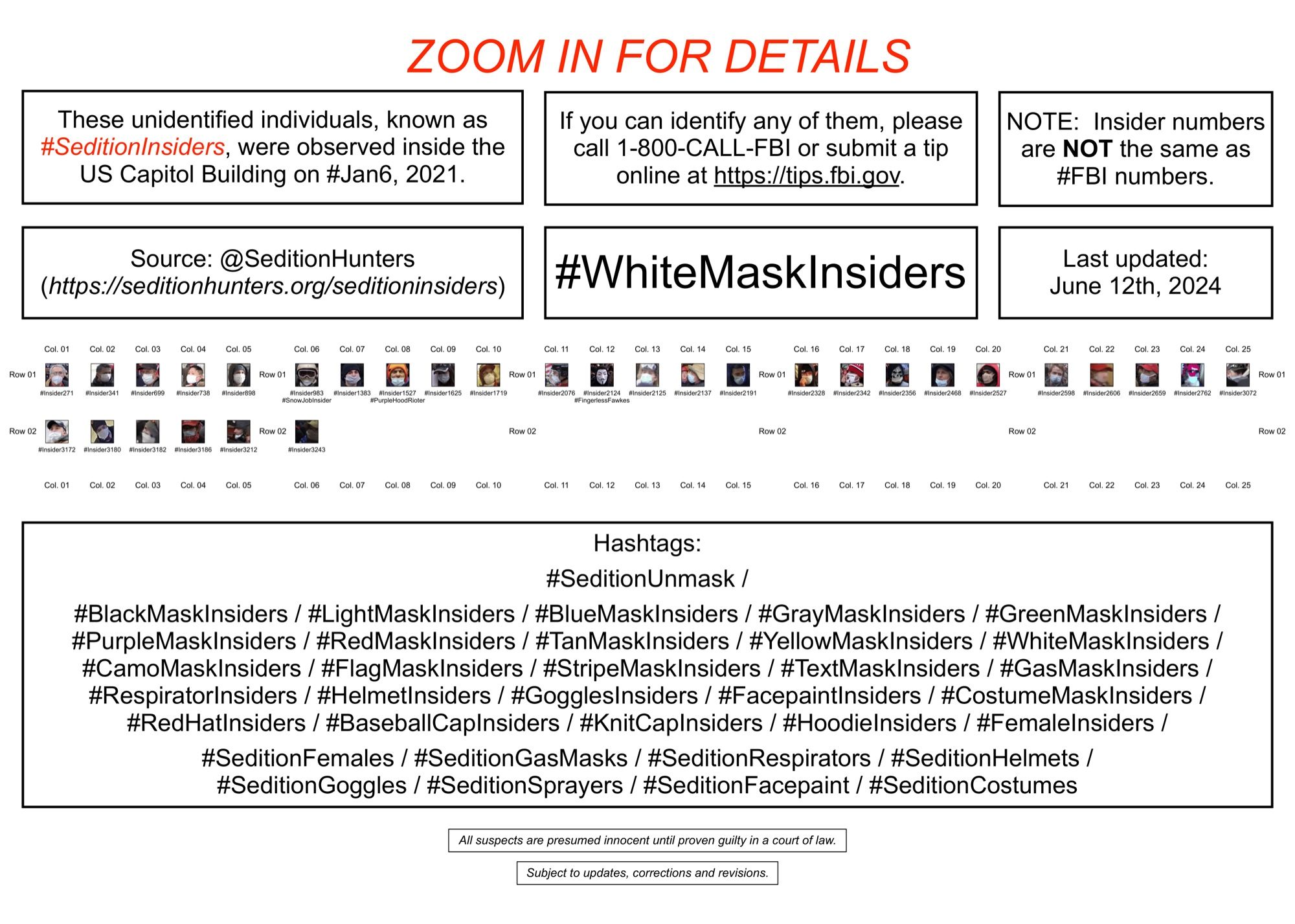 Poster showing 31 unidentified masked January 6th riot suspects (white-color masks) who were observed inside the U.S. Capitol Building.