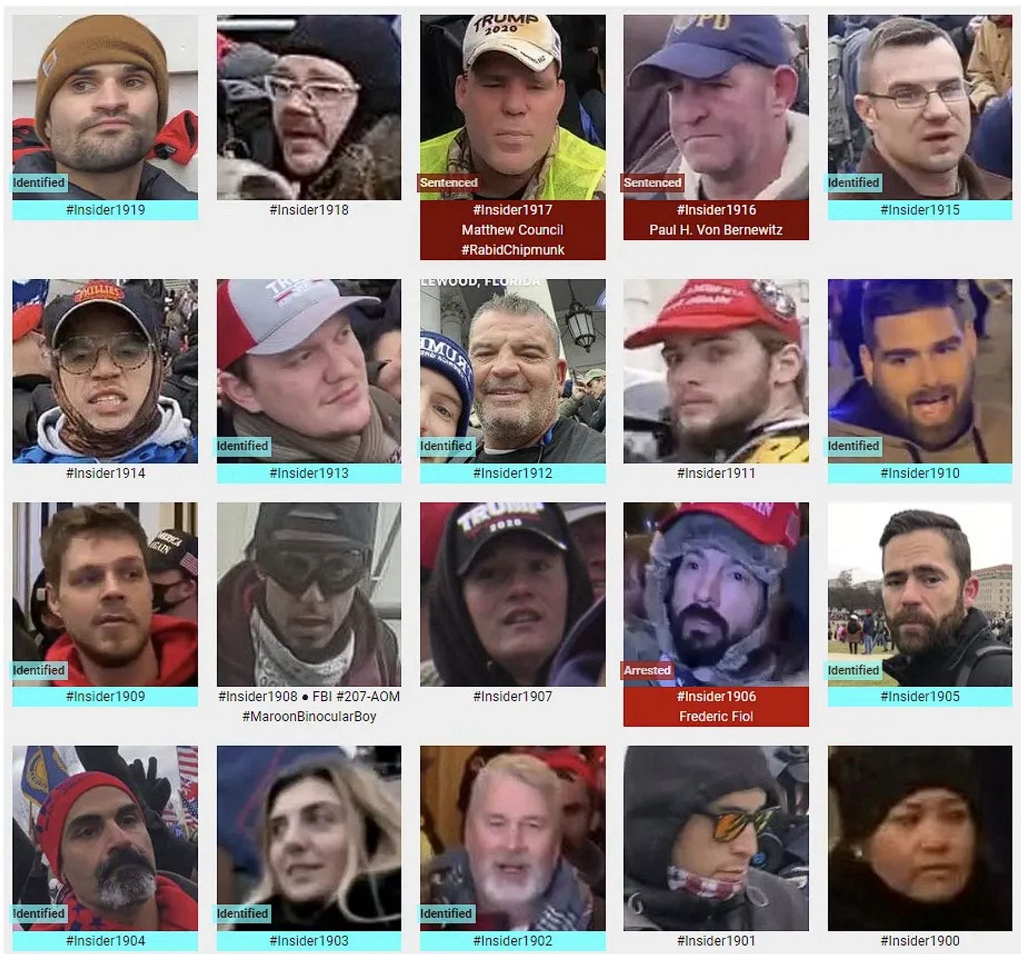 Photos of January 6th riot suspects who were observed inside the US Capitol Building.
(Range: 1,900 through 1,919, of 3,268) 👇
(as of February 22nd, 2024)
(#InsiderWebpage0222)
#SeditionHunters. #SeditionInsiders. #Jan6
Link: https://seditionhunters.org/seditioninsiders